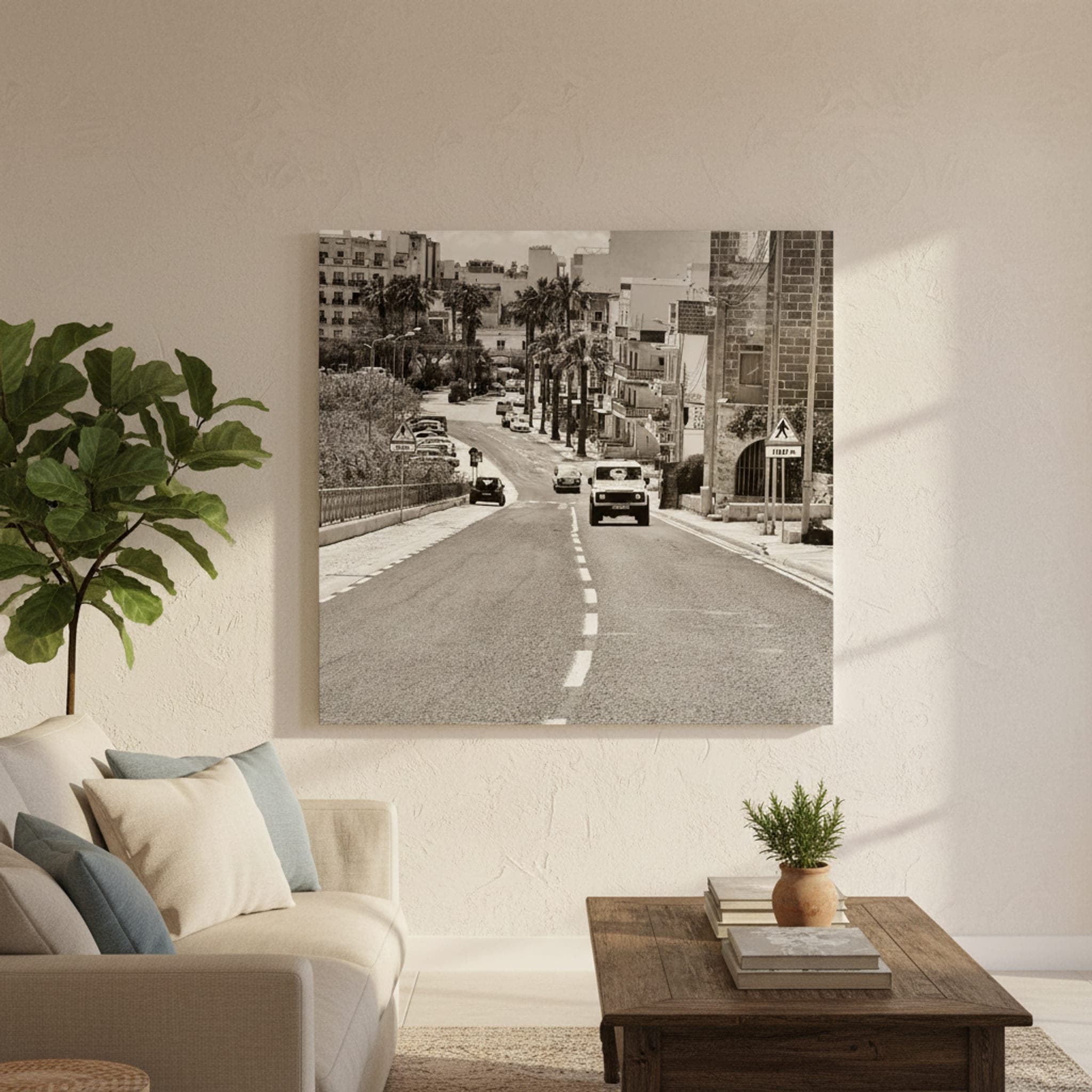 Malta Roadscape Palm Trees shown as a canvas print in a styled interior, view 1 of 3