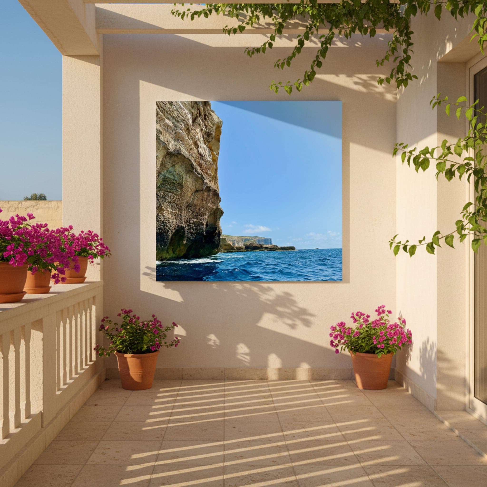 Malta's Azure Coastline shown as a canvas print in a styled interior, view 2 of 3