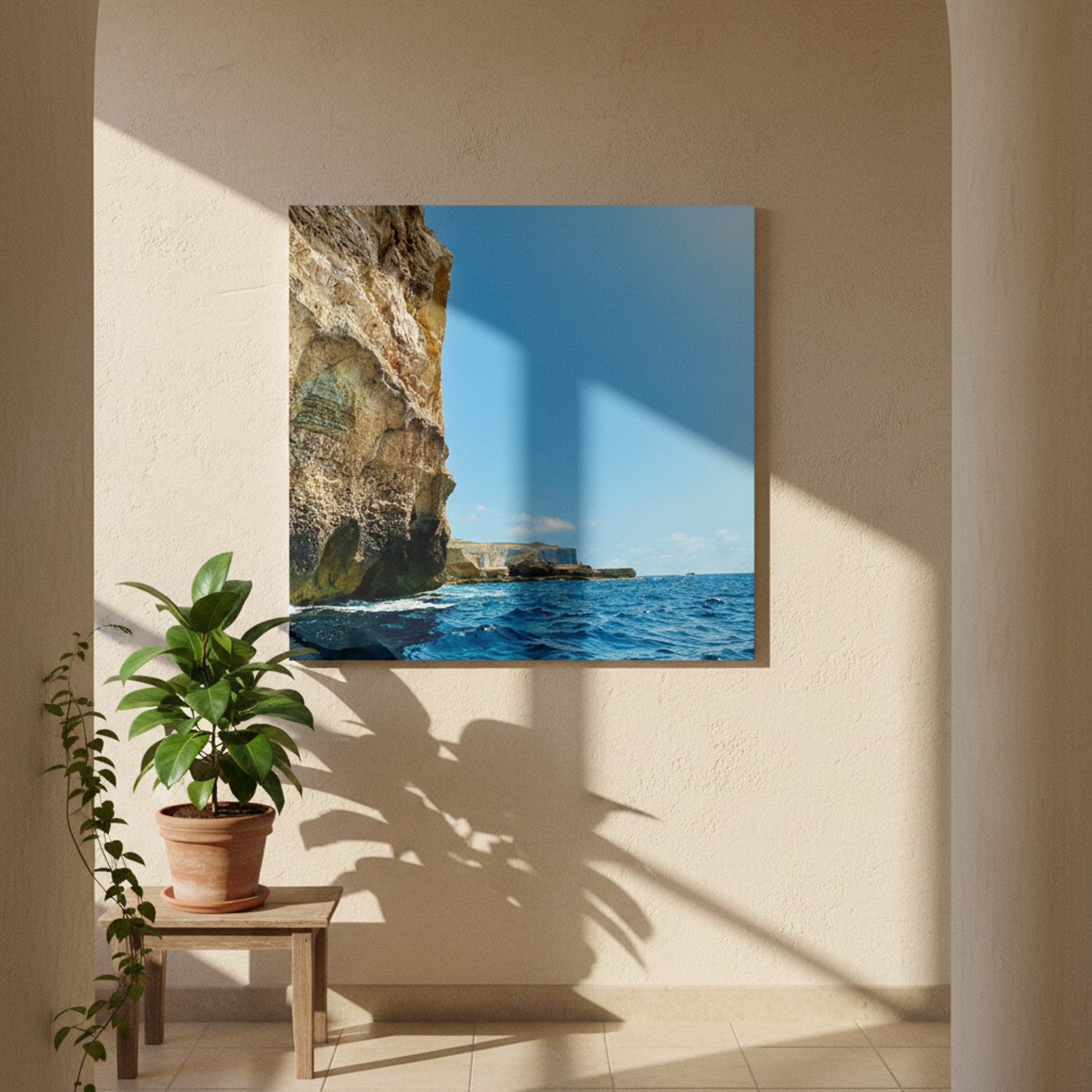 Malta's Azure Coastline shown as a canvas print in a styled interior, view 3 of 3