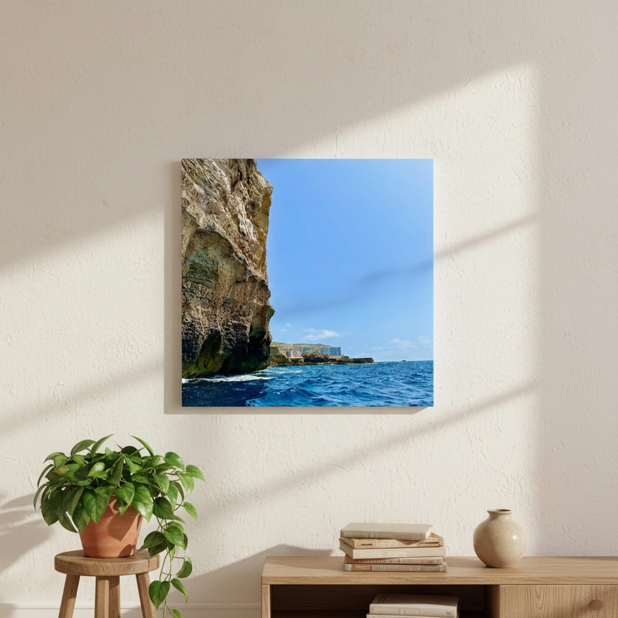 Malta's Azure Coastline shown as a canvas print in a styled interior, view 1 of 3