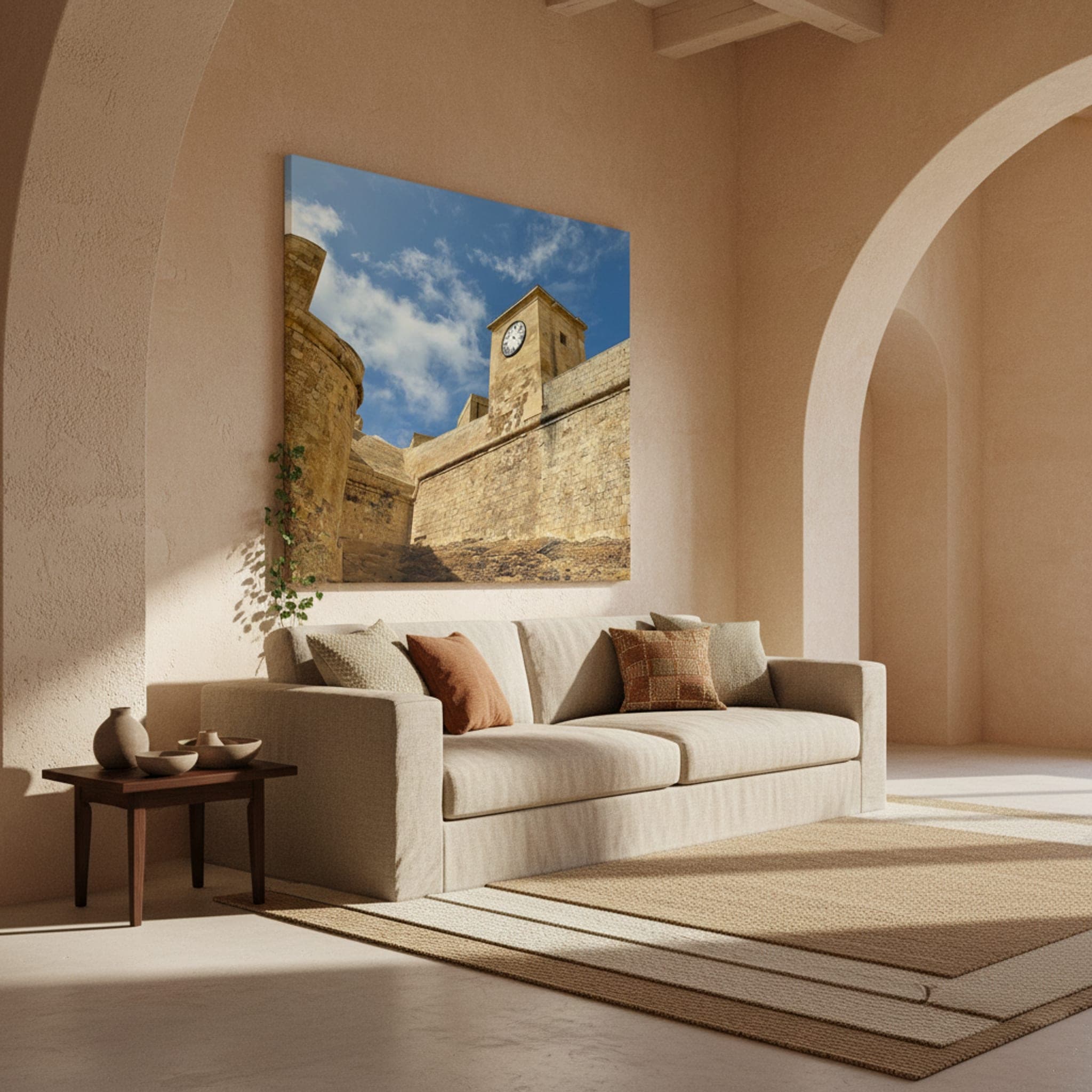 Stone Timekeeper of Malta shown as a canvas print in a styled interior, view 1 of 3