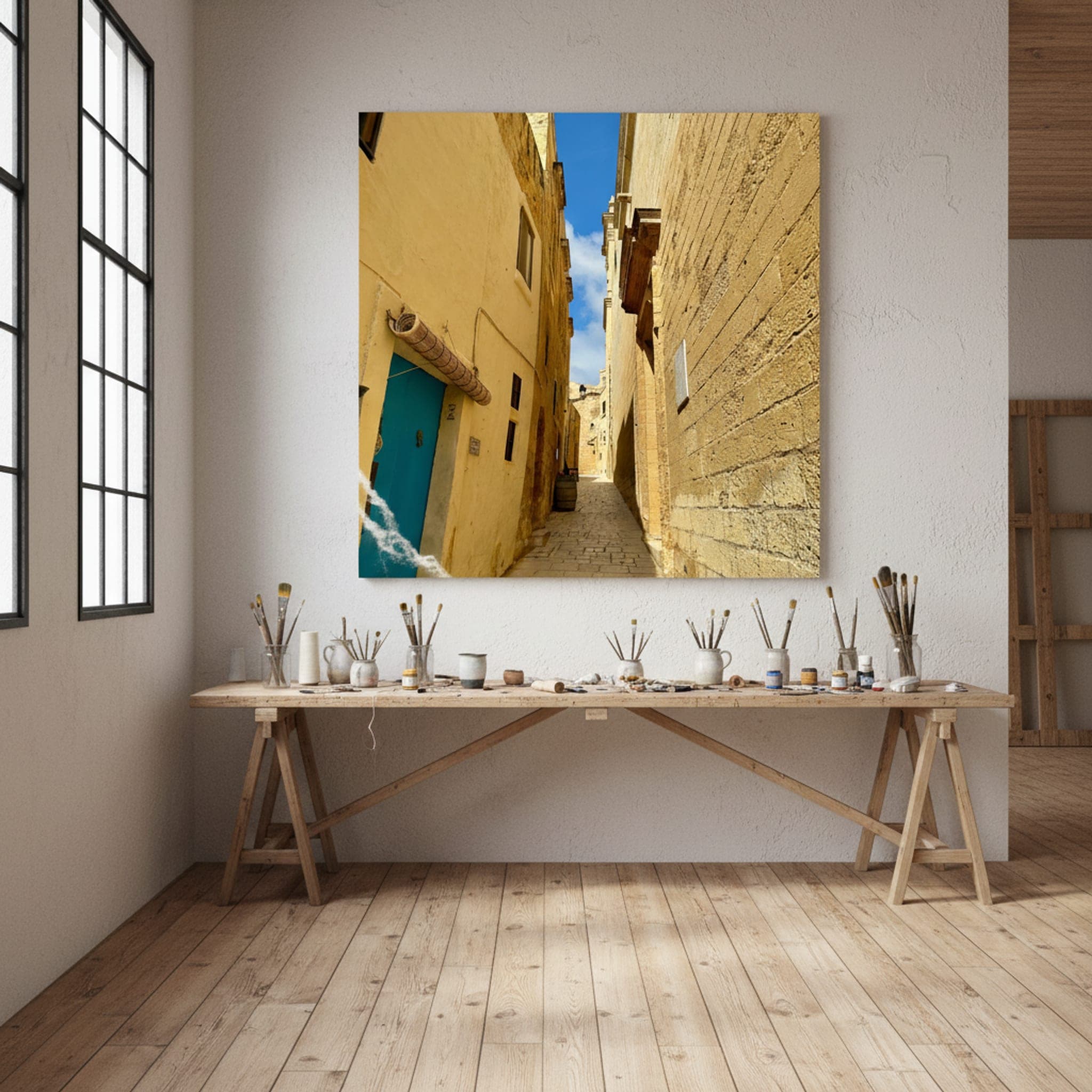 Malta's Sunken Alley shown as a canvas print in a styled interior, view 1 of 3