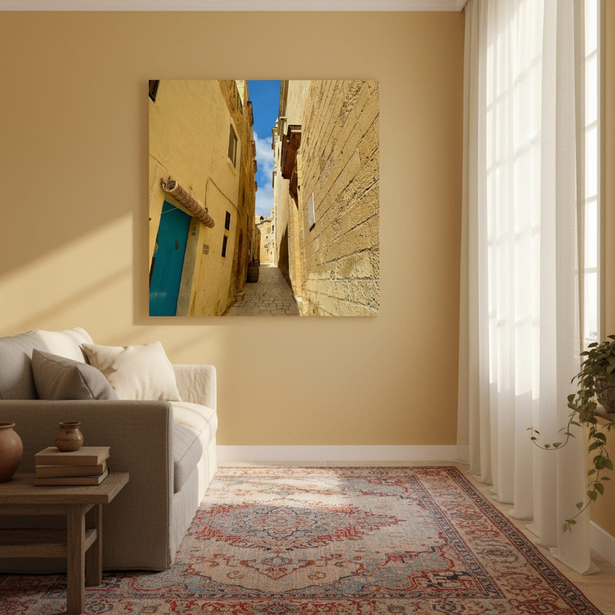 Malta's Sunken Alley shown as a canvas print in a styled interior, view 2 of 3