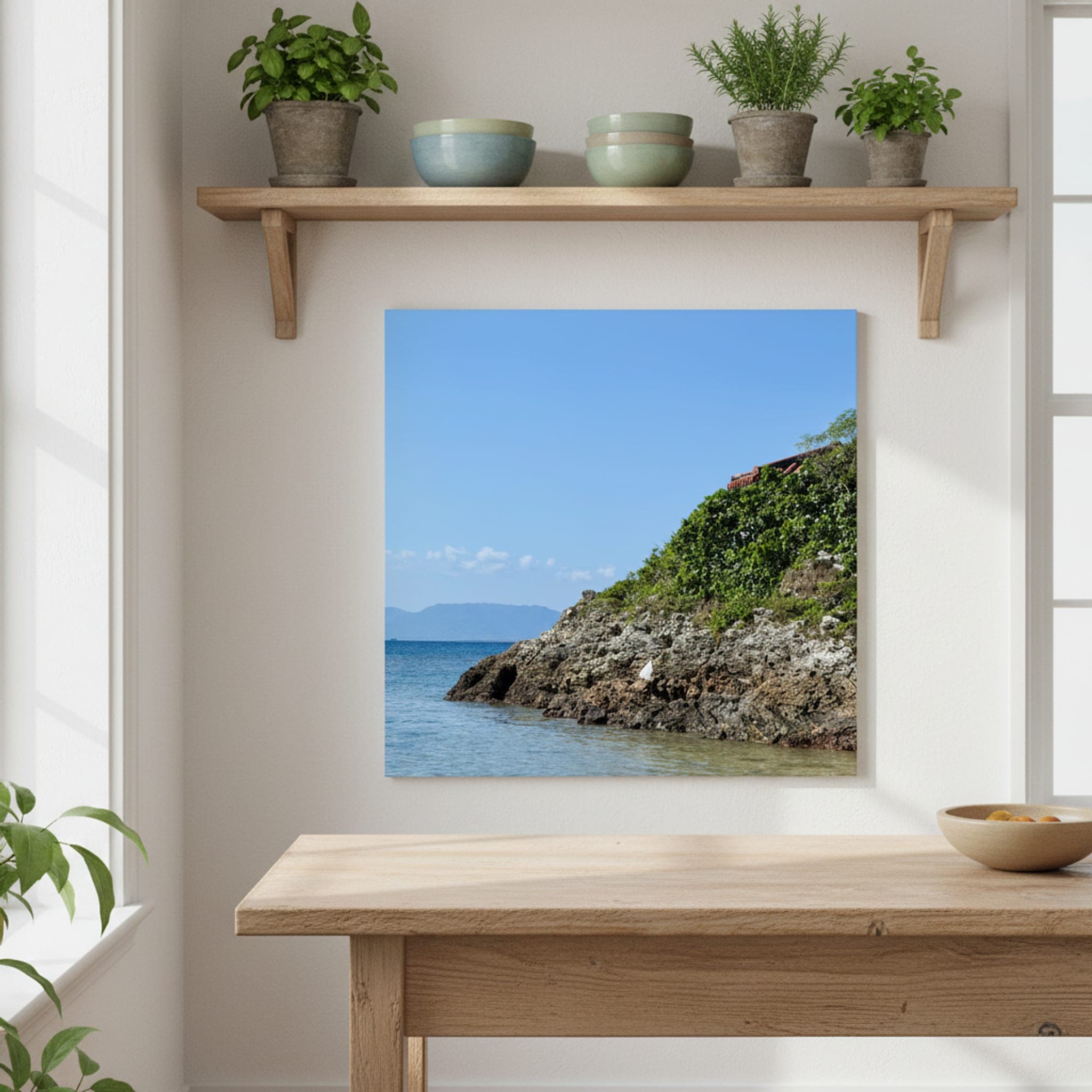 Okinawa's Verdant Coast shown as a canvas print in a styled interior, view 2 of 3