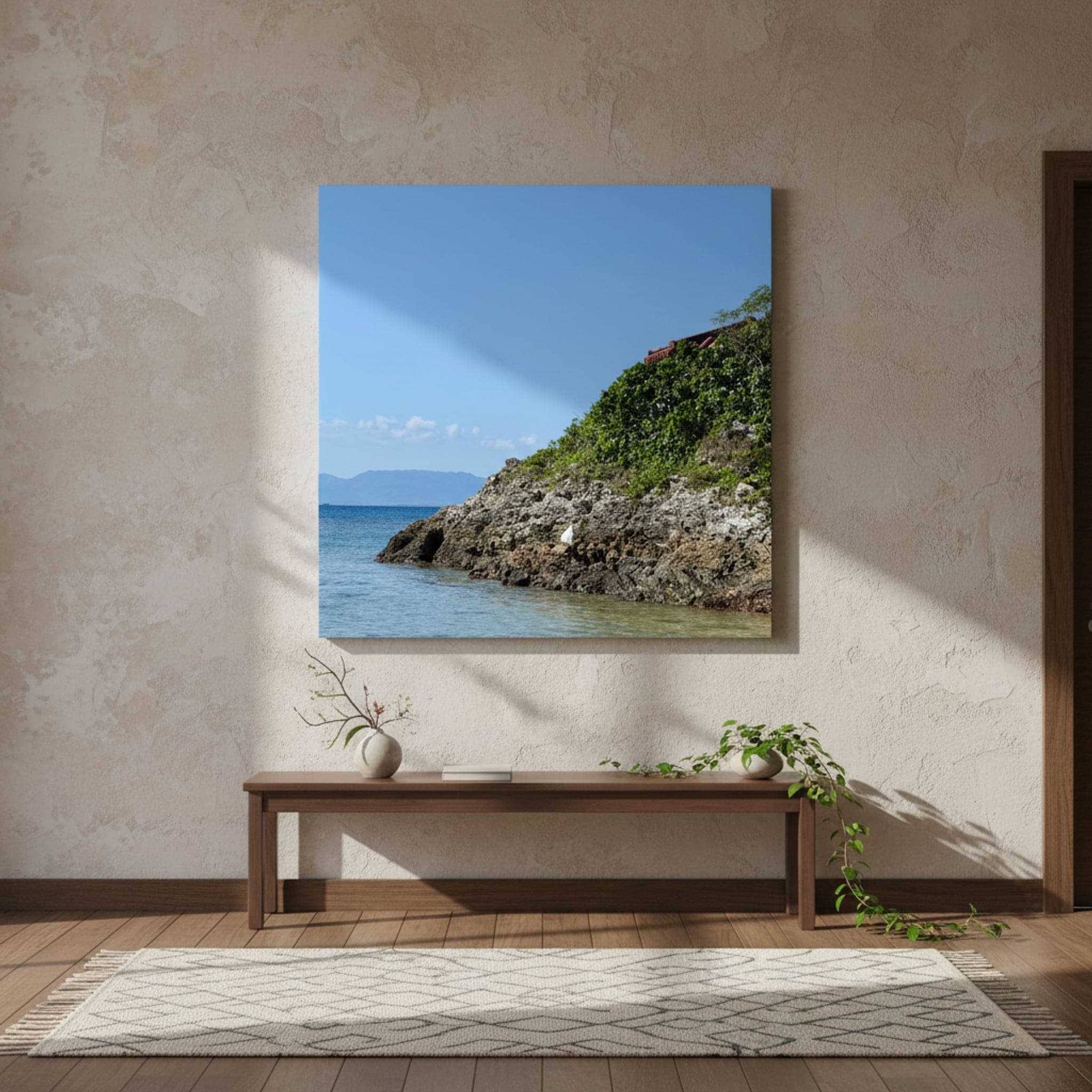 Okinawa's Verdant Coast shown as a canvas print in a styled interior, view 3 of 3