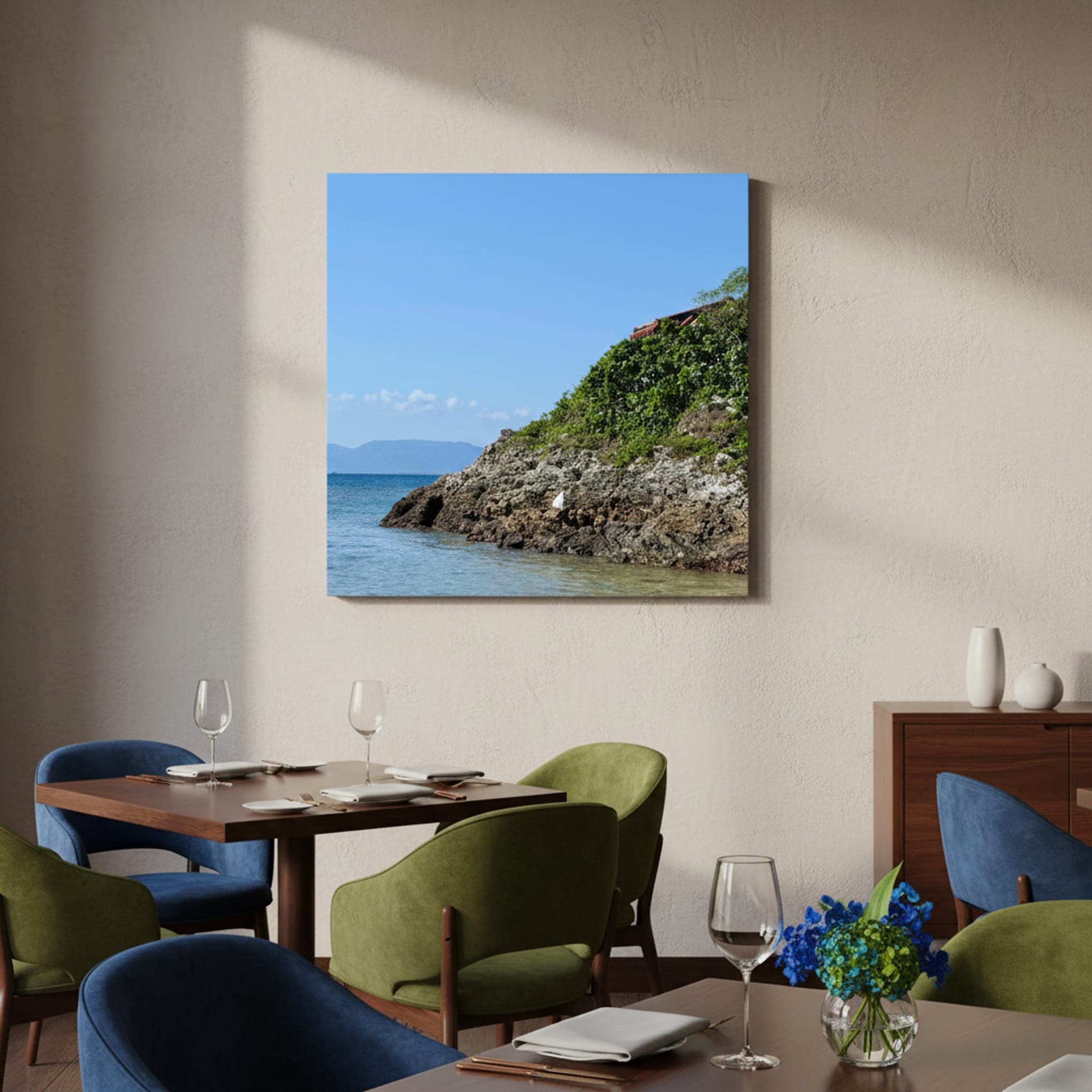 Okinawa's Verdant Coast shown as a canvas print in a styled interior, view 1 of 3