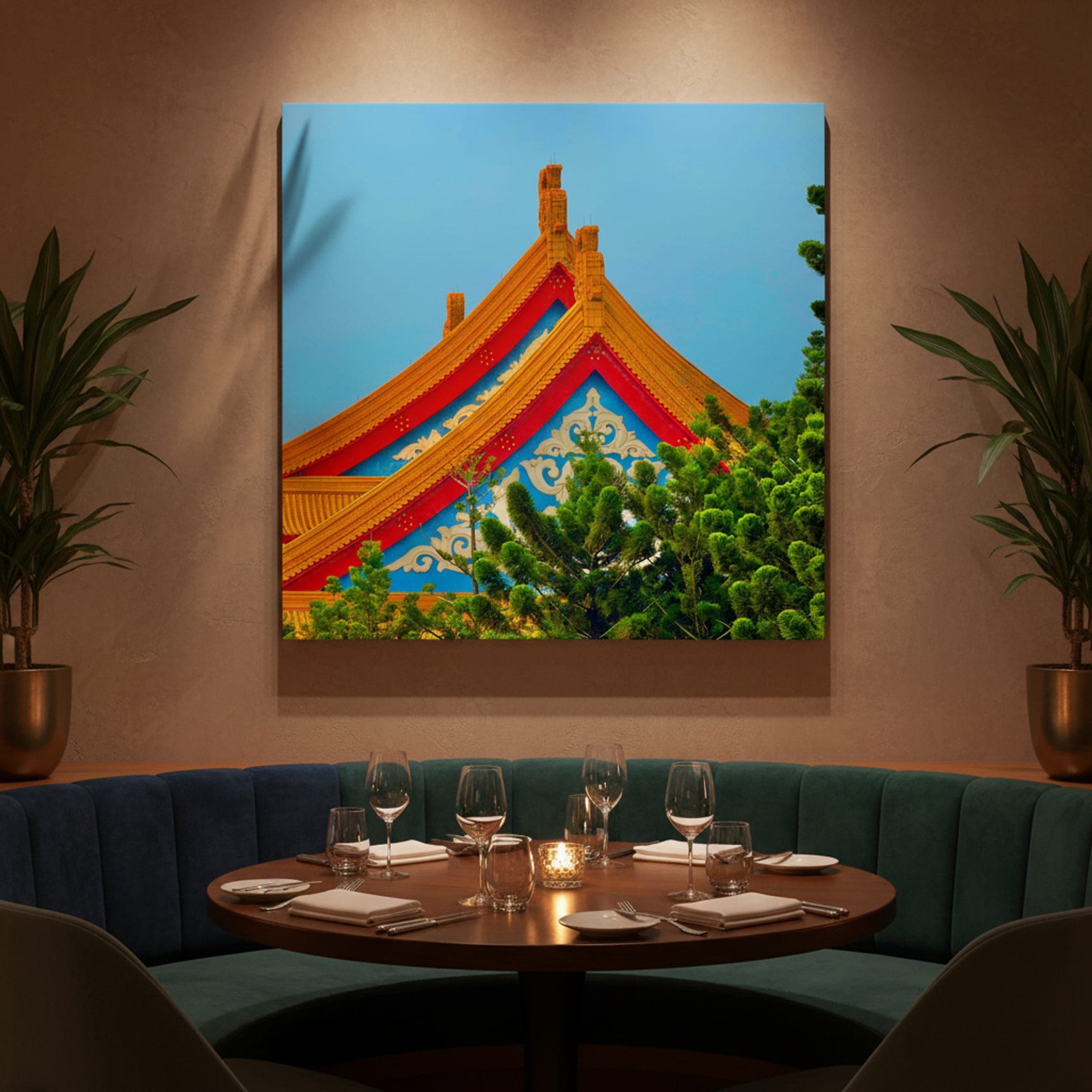 Golden Roofs of Taipei shown as a canvas print in a styled interior, view 3 of 3