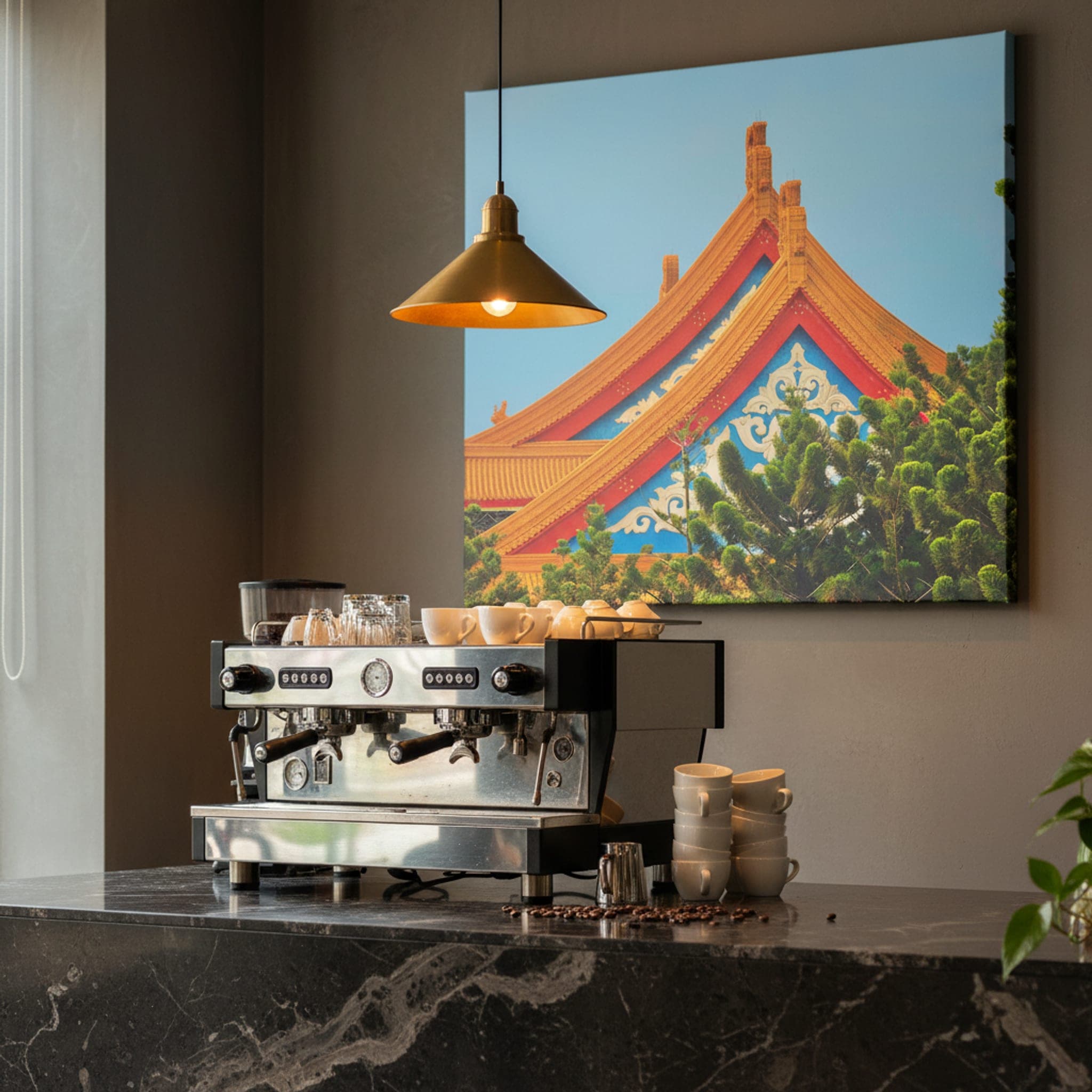 Golden Roofs of Taipei shown as a canvas print in a styled interior, view 2 of 3