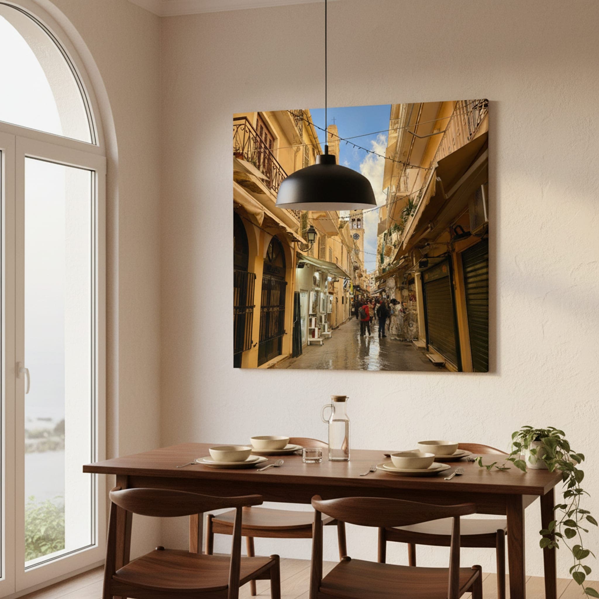 Corfu Bell Tower Street shown as a canvas print in a styled interior, view 2 of 3