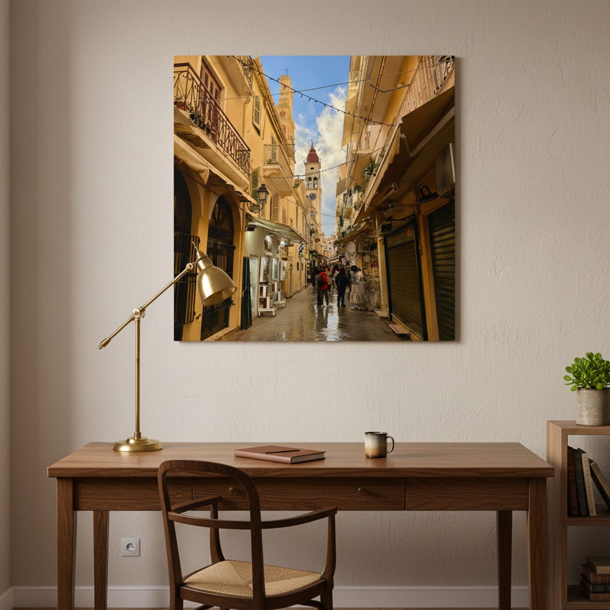 Corfu Bell Tower Street shown as a canvas print in a styled interior, view 3 of 3