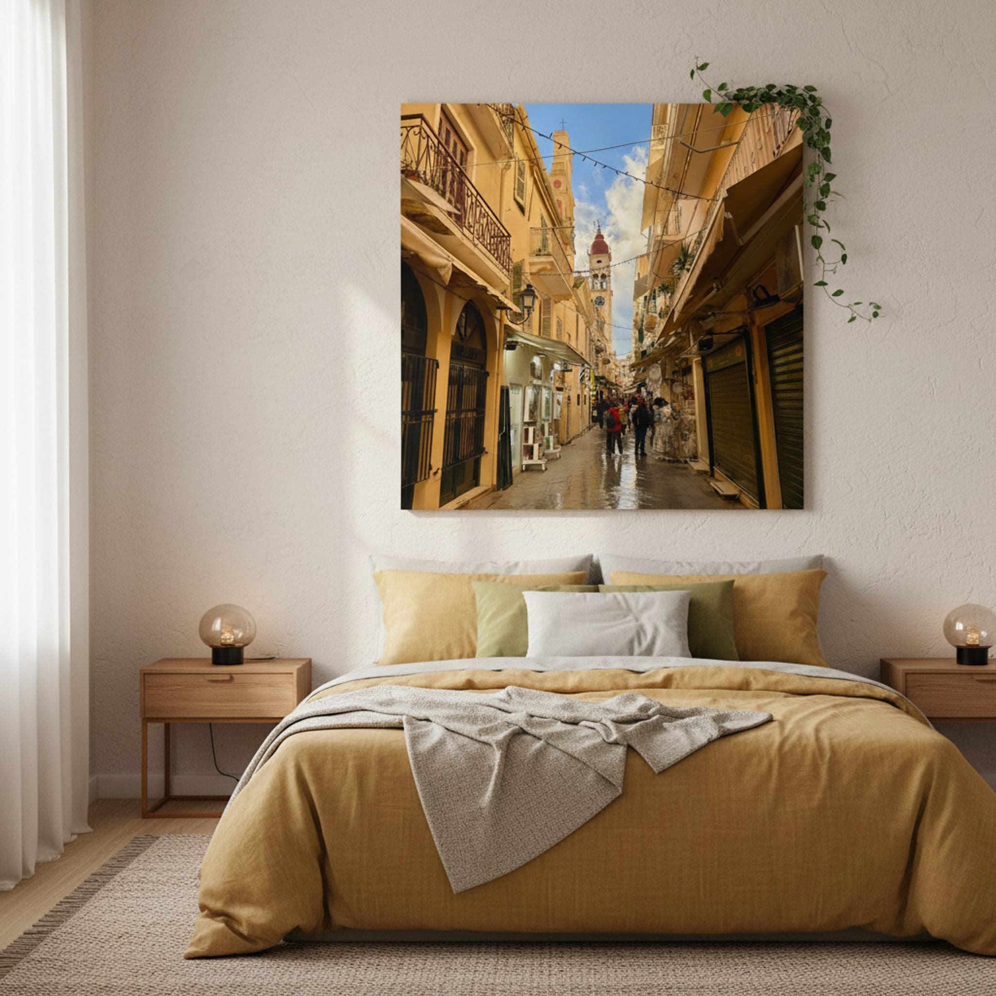 Corfu Bell Tower Street shown as a canvas print in a styled interior, view 1 of 3