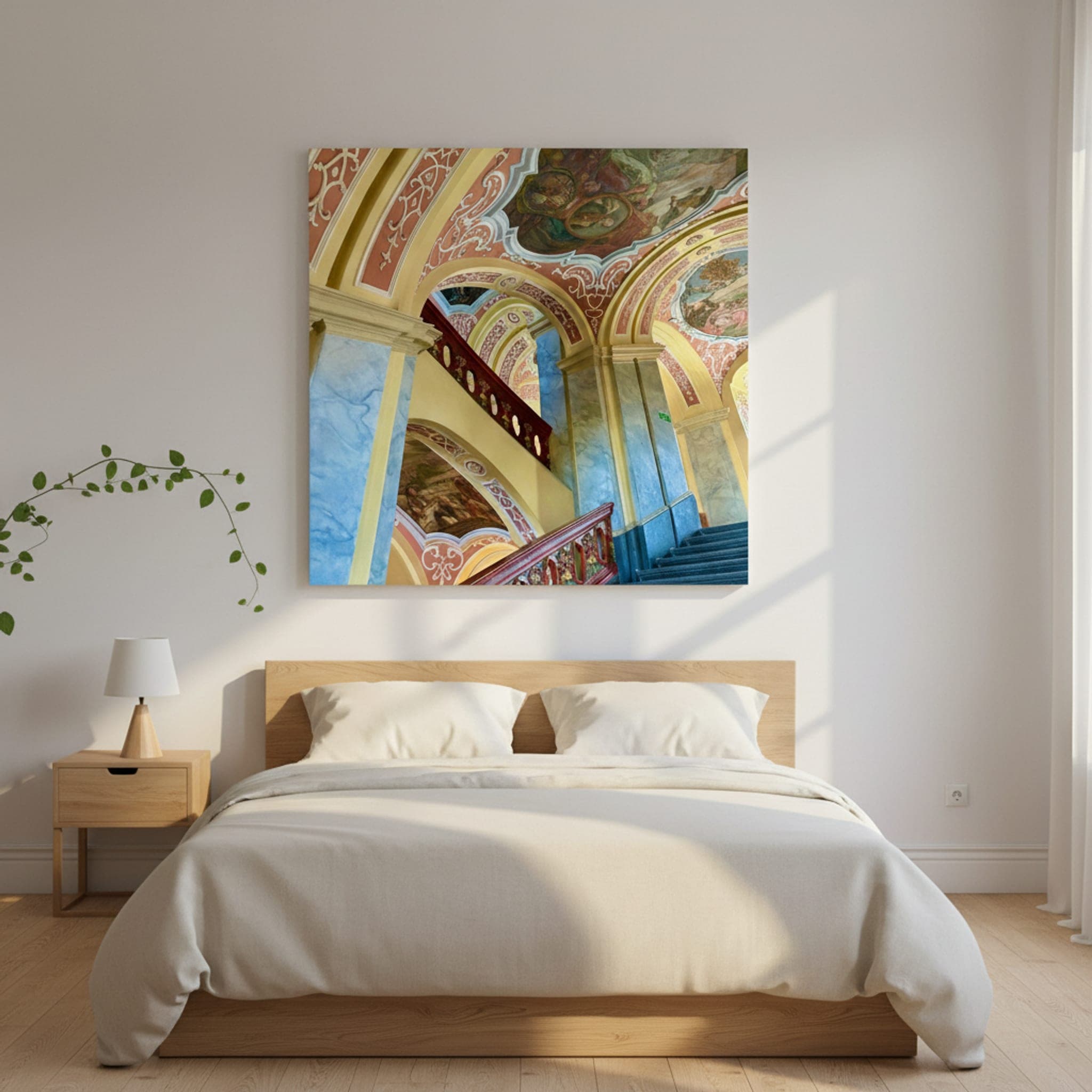 Wrocław's Painted Stairway shown as a canvas print in a styled interior, view 2 of 3