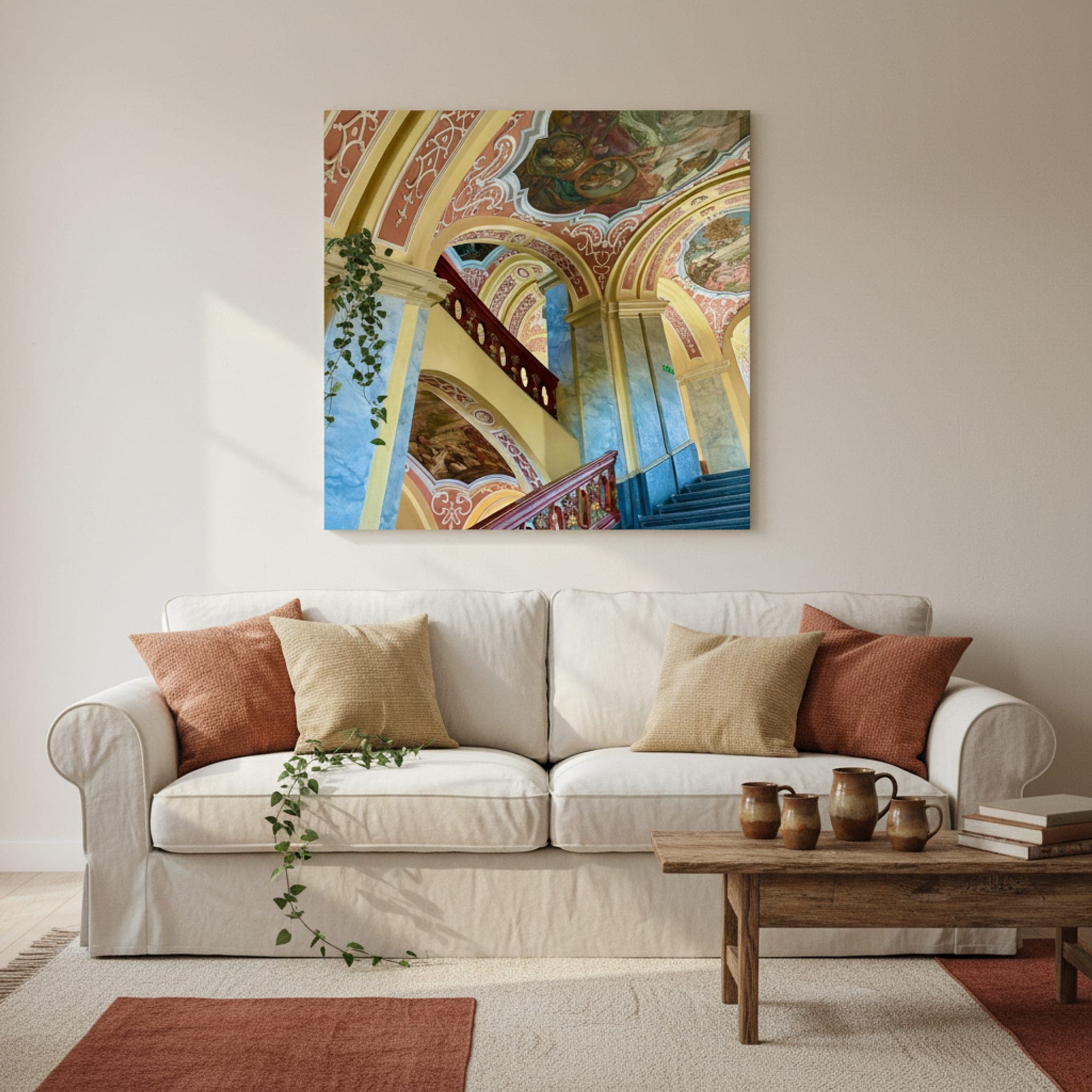 Wrocław's Painted Stairway shown as a canvas print in a styled interior, view 1 of 3