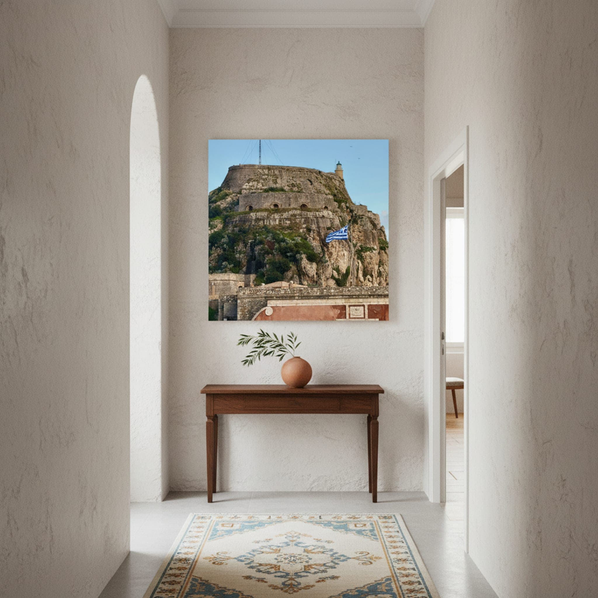 Corfu's Guardian Beacon shown as a canvas print in a styled interior, view 2 of 3