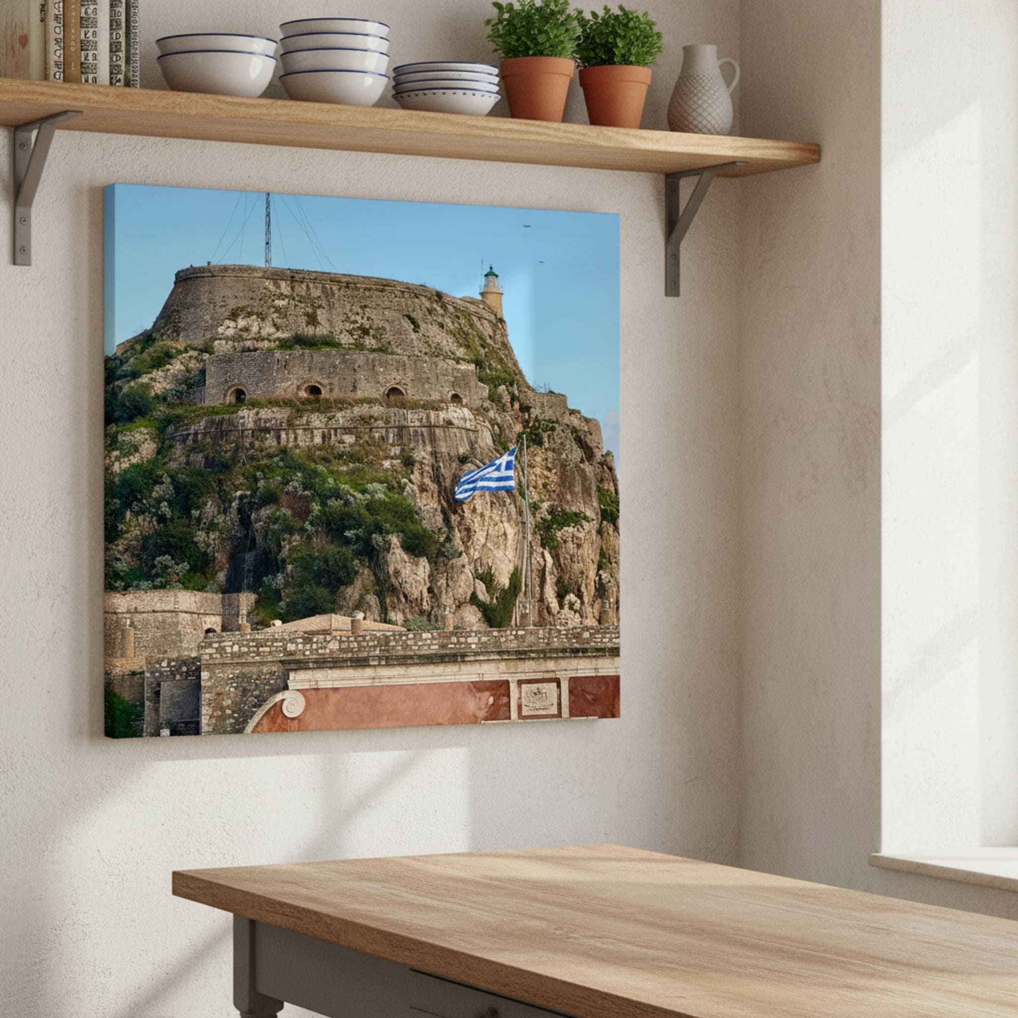 Corfu's Guardian Beacon shown as a canvas print in a styled interior, view 1 of 3