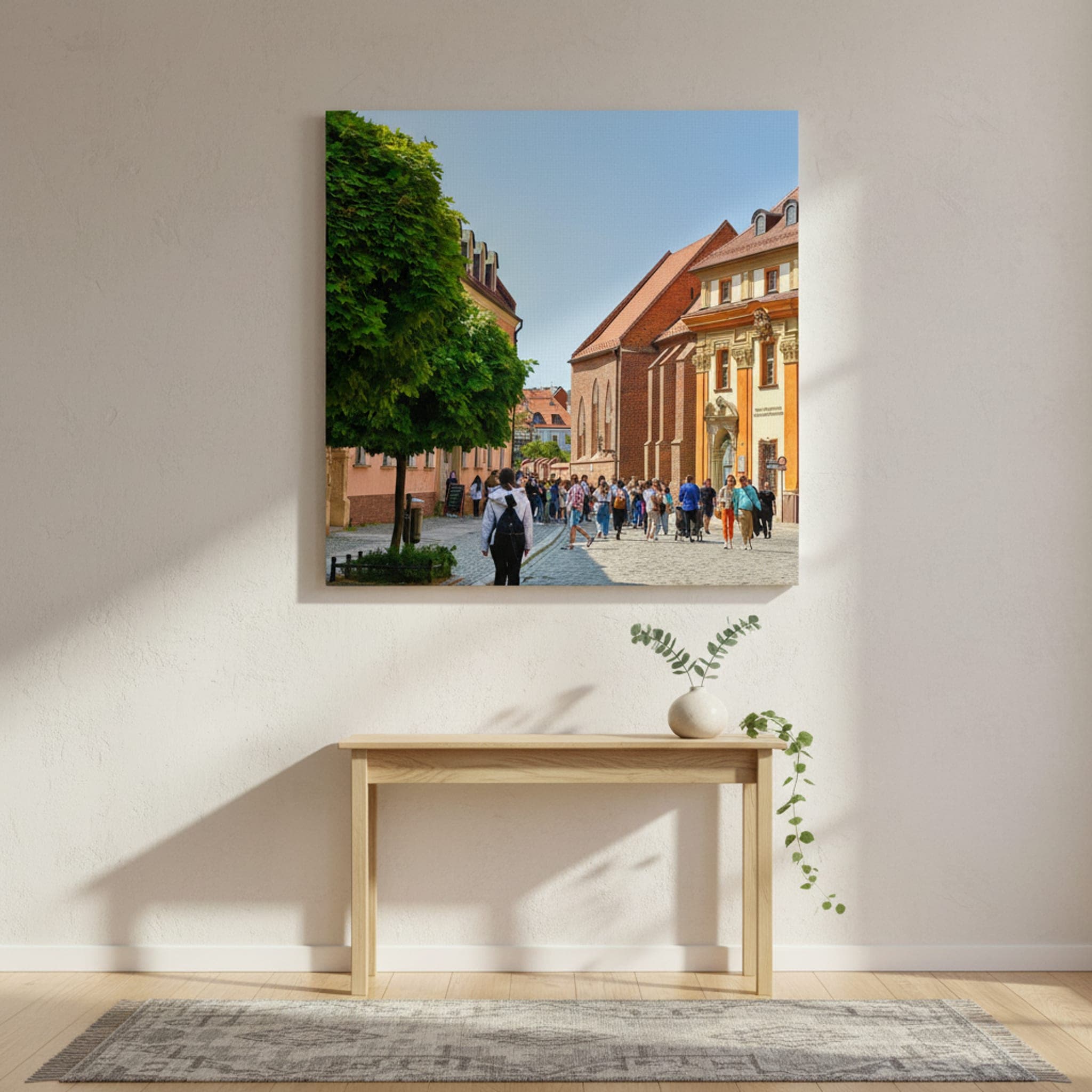 Wrocław Cobblestone Charm shown as a canvas print in a styled interior, view 1 of 3