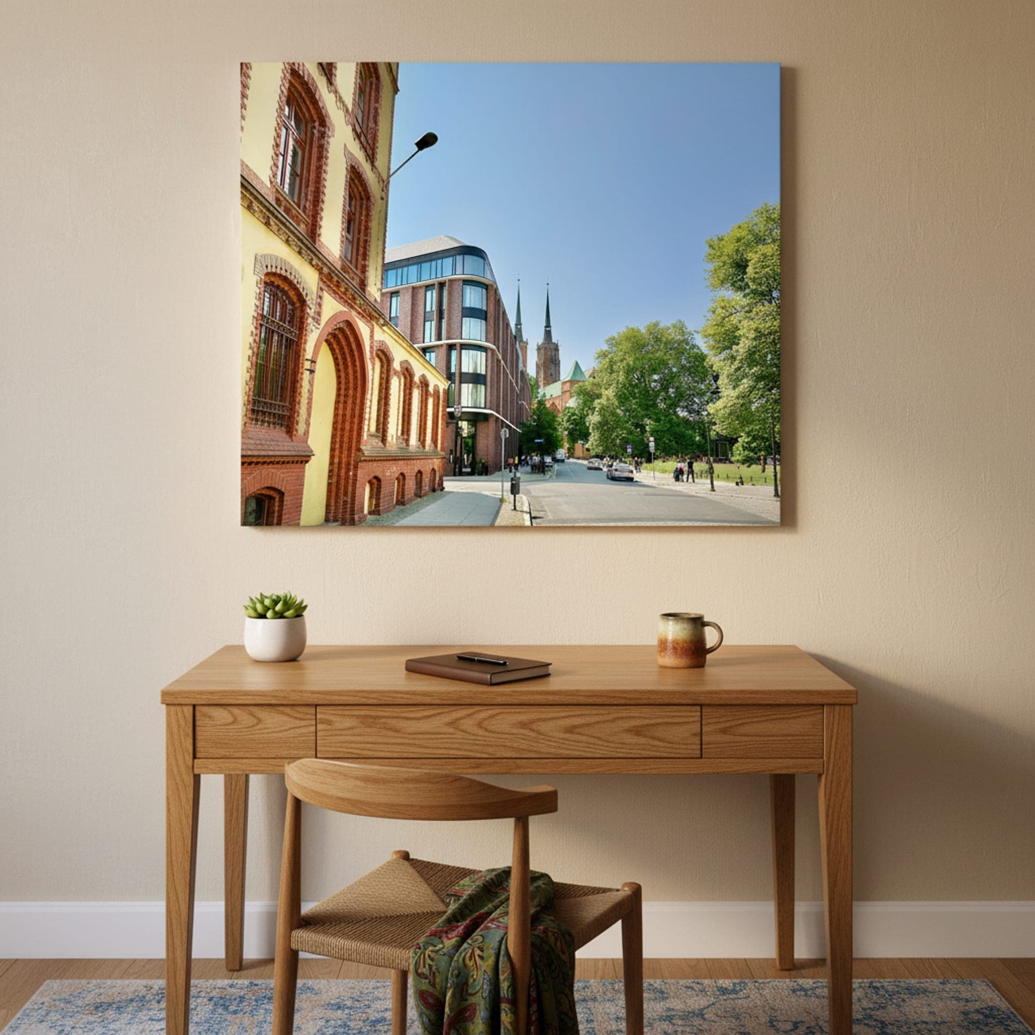 Wrocław Spires and Modernity shown as a canvas print in a styled interior, view 1 of 3