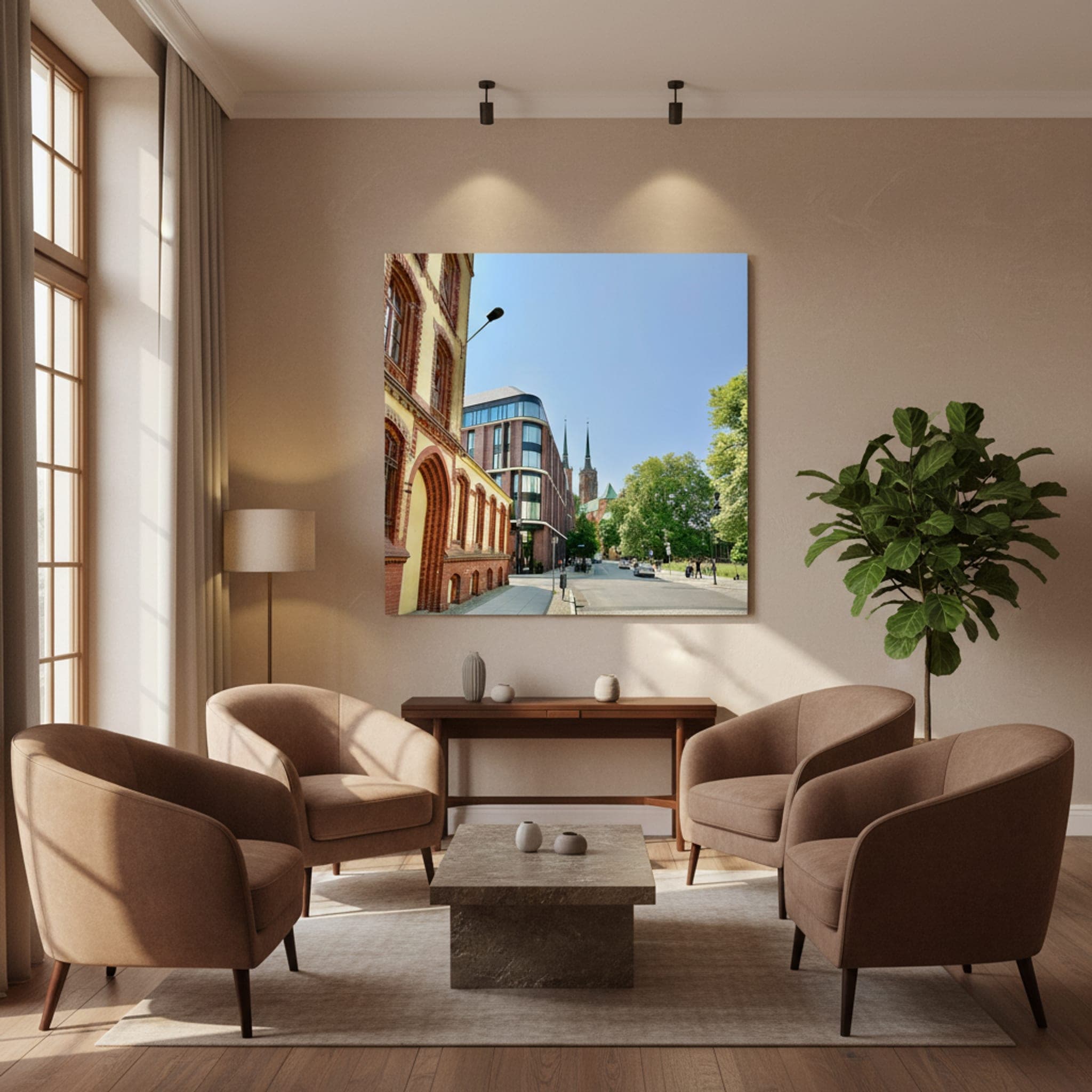 Wrocław Spires and Modernity shown as a canvas print in a styled interior, view 3 of 3