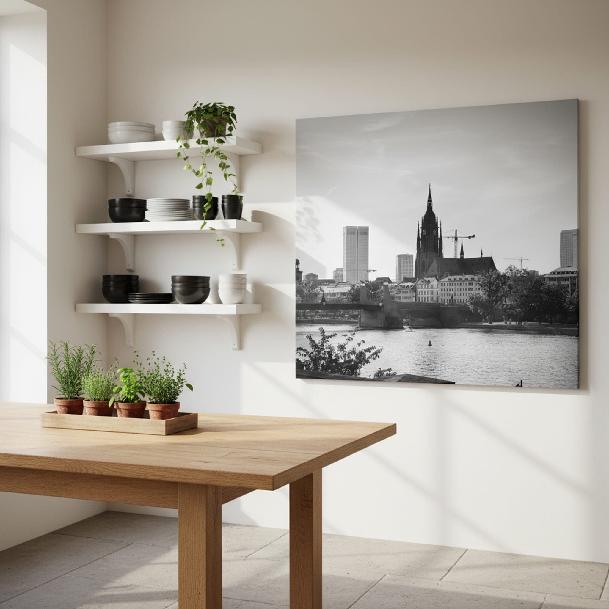 Frankfurt Cathedral's Grandeur shown as a canvas print in a styled interior, view 1 of 3