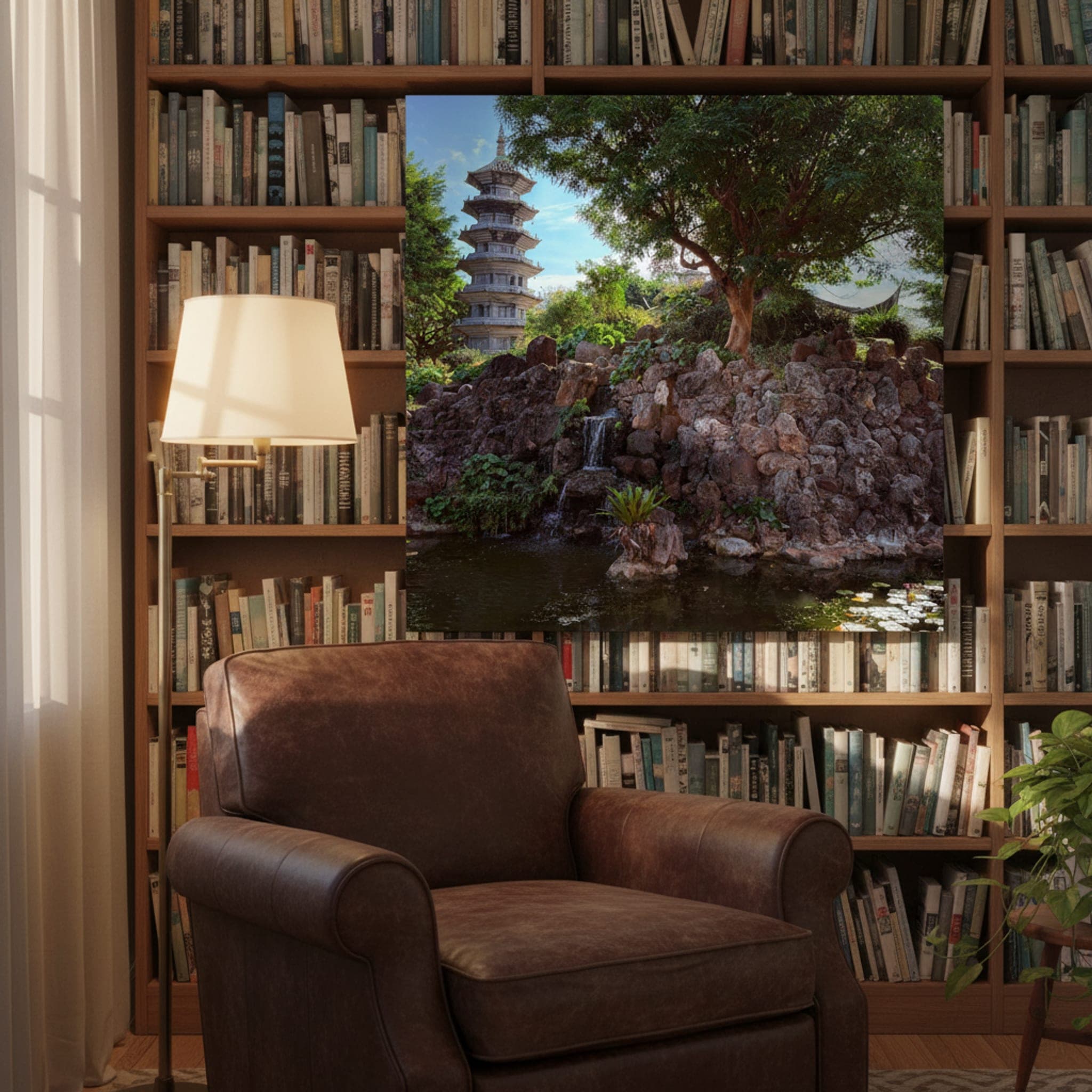 Okinawa Pagoda Garden shown as a canvas print in a styled interior, view 2 of 3
