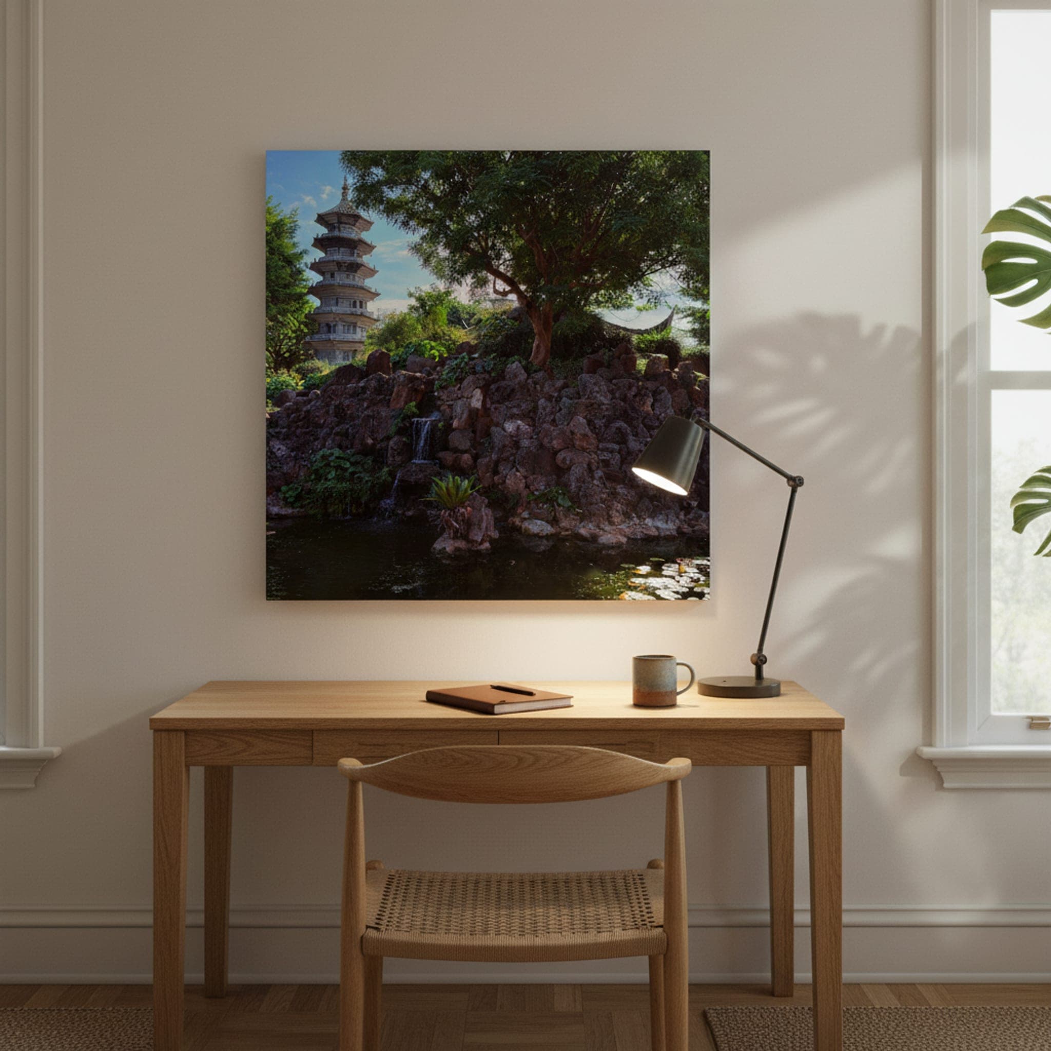 Okinawa Pagoda Garden shown as a canvas print in a styled interior, view 1 of 3