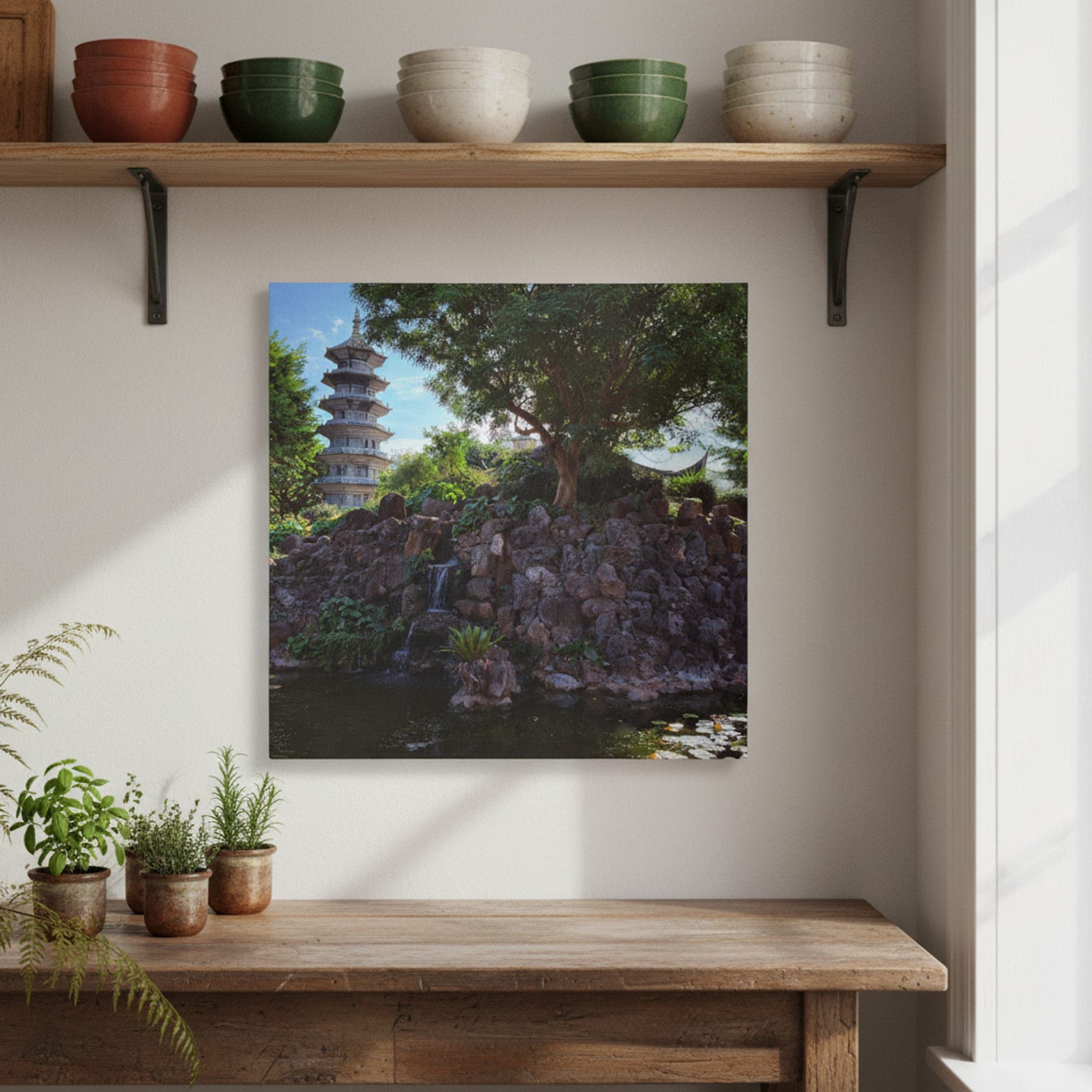 Okinawa Pagoda Garden shown as a canvas print in a styled interior, view 3 of 3