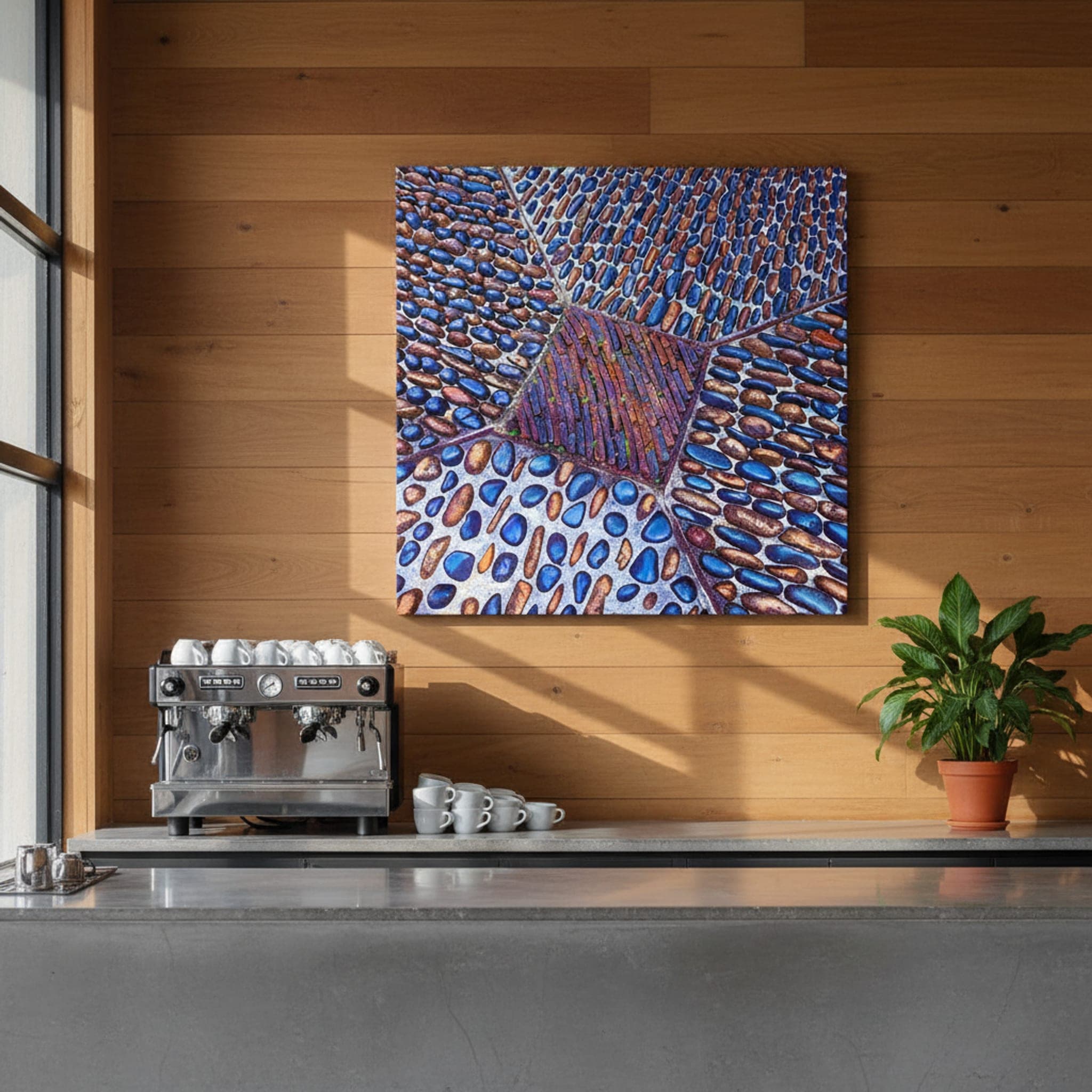 Okinawa Stone Mosaic shown as a canvas print in a styled interior, view 2 of 3