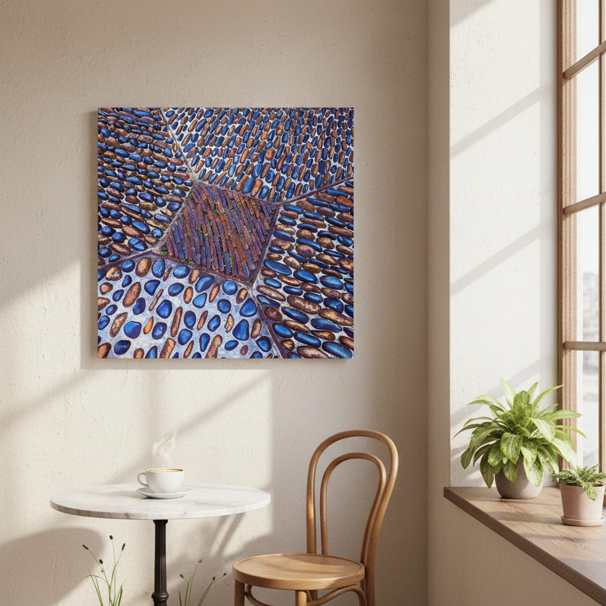 Okinawa Stone Mosaic shown as a canvas print in a styled interior, view 1 of 3