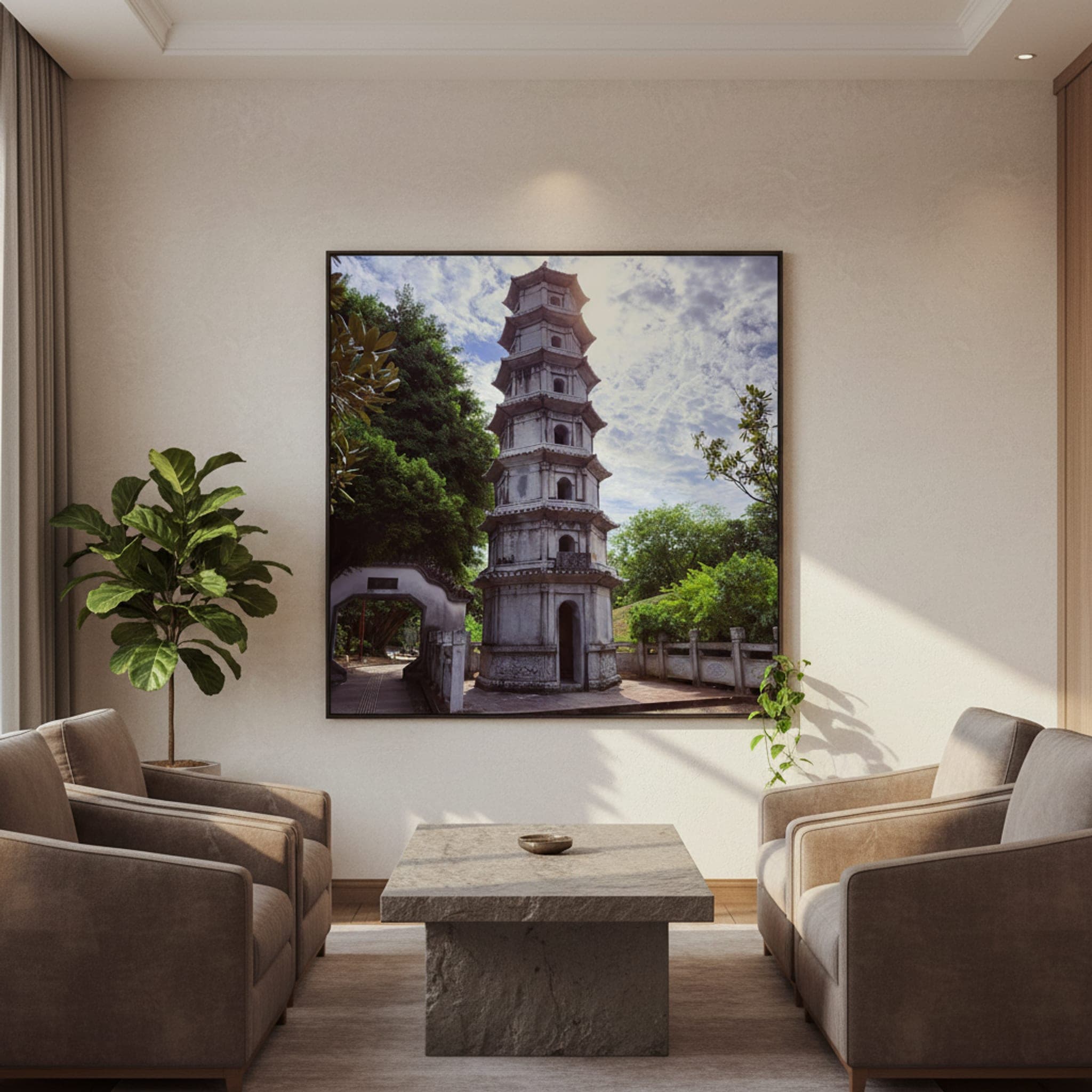 Okinawa Pagoda's Ascent shown as a canvas print in a styled interior, view 2 of 3