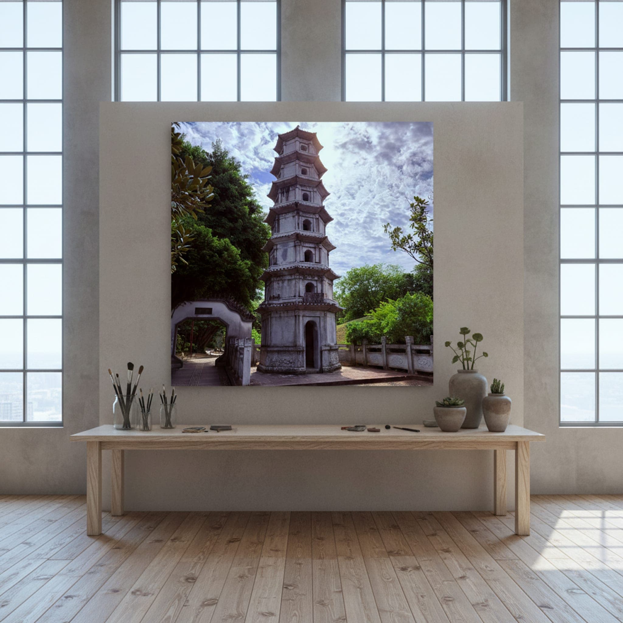 Okinawa Pagoda's Ascent shown as a canvas print in a styled interior, view 3 of 3