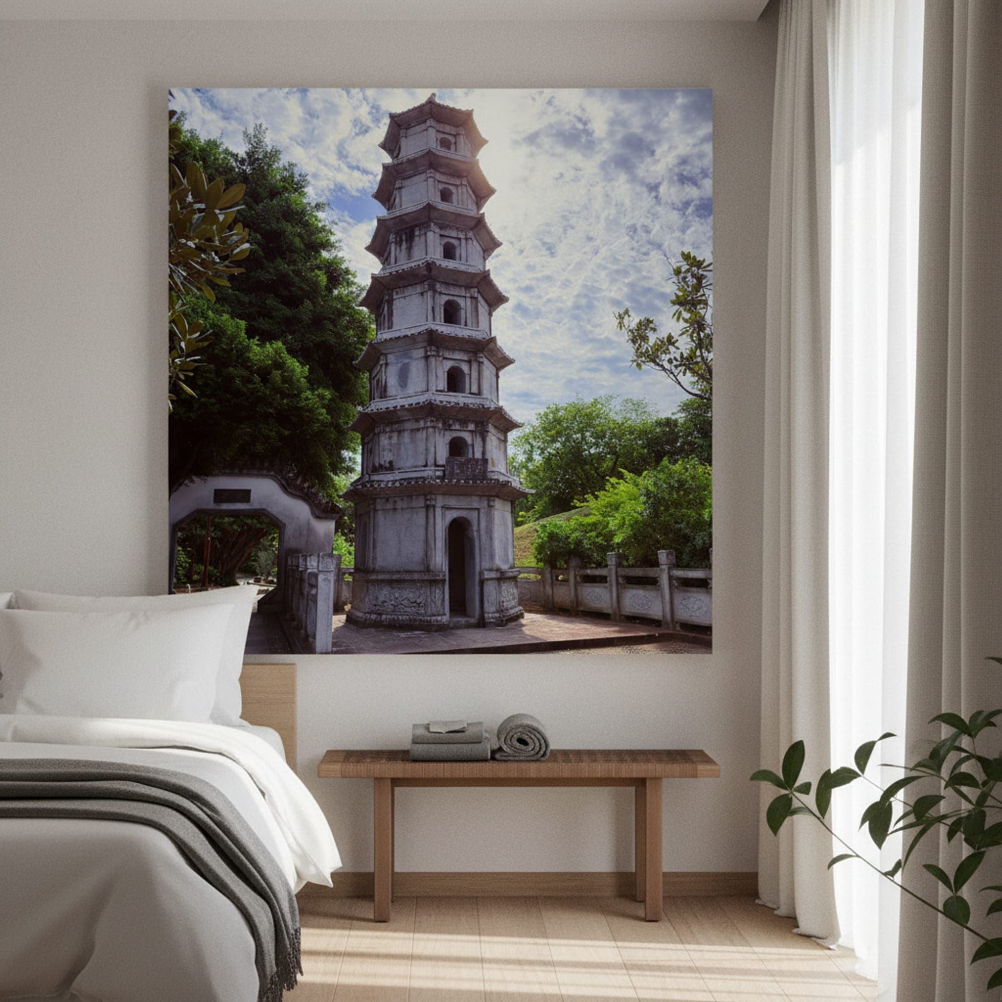 Okinawa Pagoda's Ascent shown as a canvas print in a styled interior, view 1 of 3