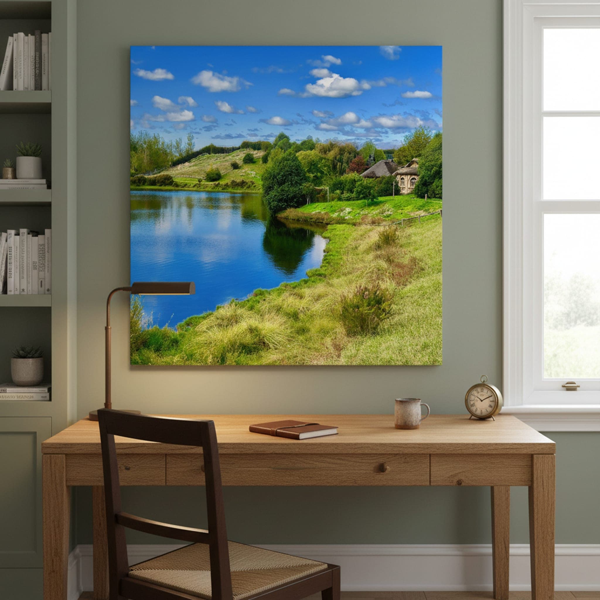 Hobbiton's Gentle Shore shown as a canvas print in a styled interior, view 2 of 3