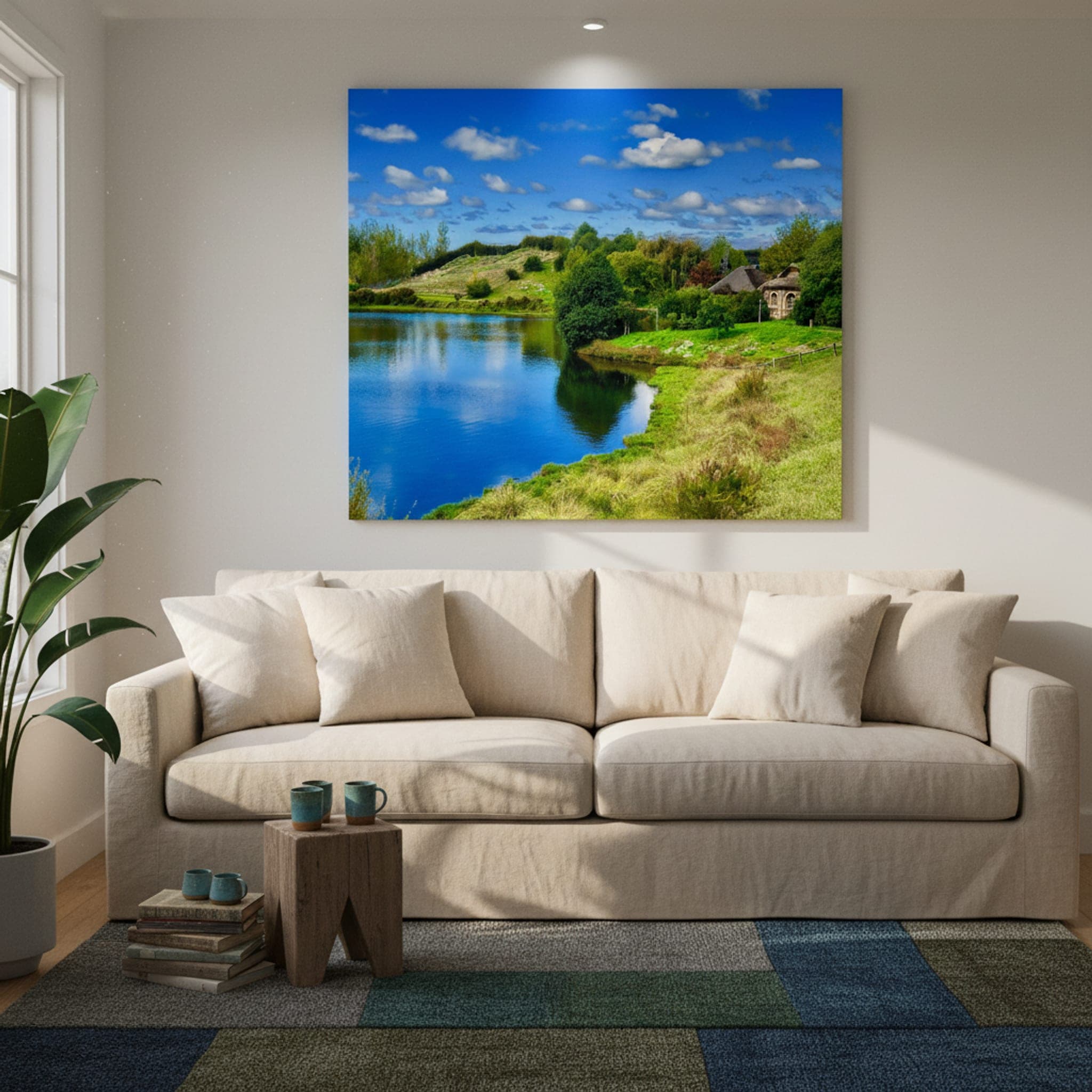 Hobbiton's Gentle Shore shown as a canvas print in a styled interior, view 1 of 3