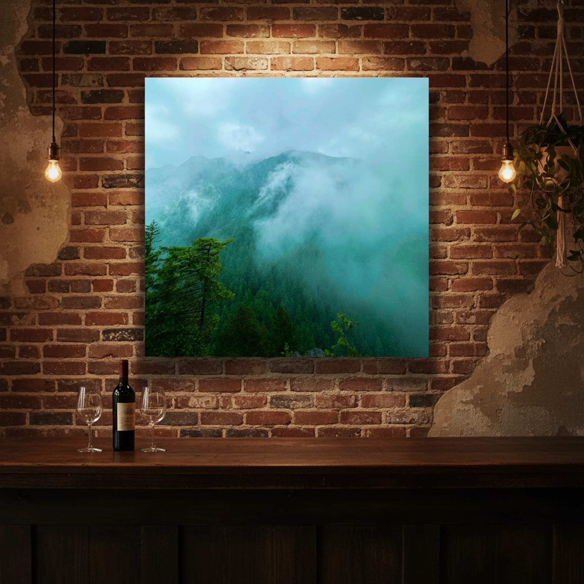 Misty Emerald Peaks shown as a canvas print in a styled interior, view 1 of 3