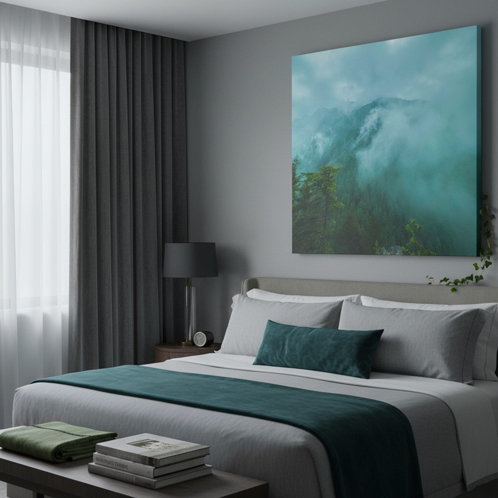 Misty Emerald Peaks shown as a canvas print in a styled interior, view 2 of 3