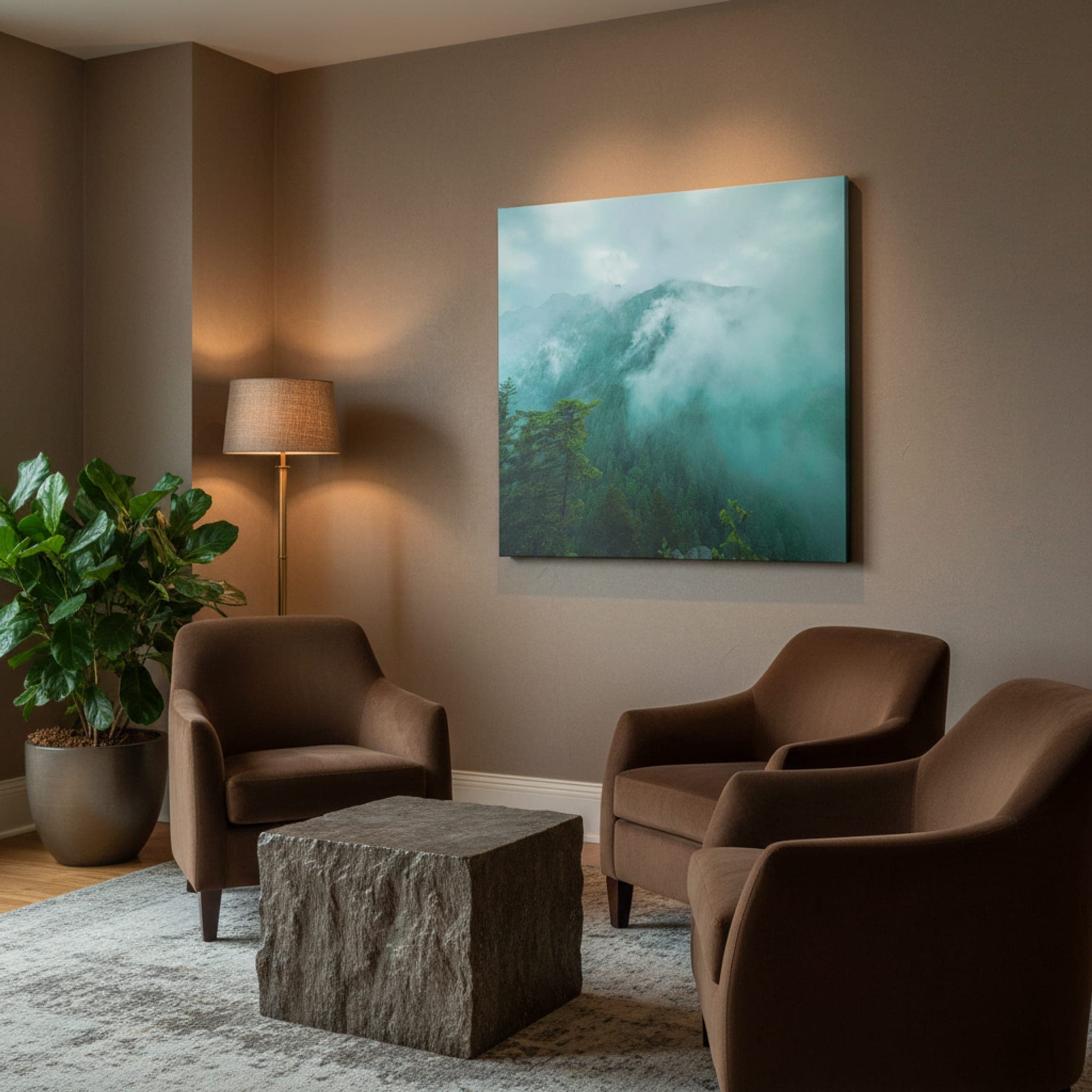Misty Emerald Peaks shown as a canvas print in a styled interior, view 3 of 3