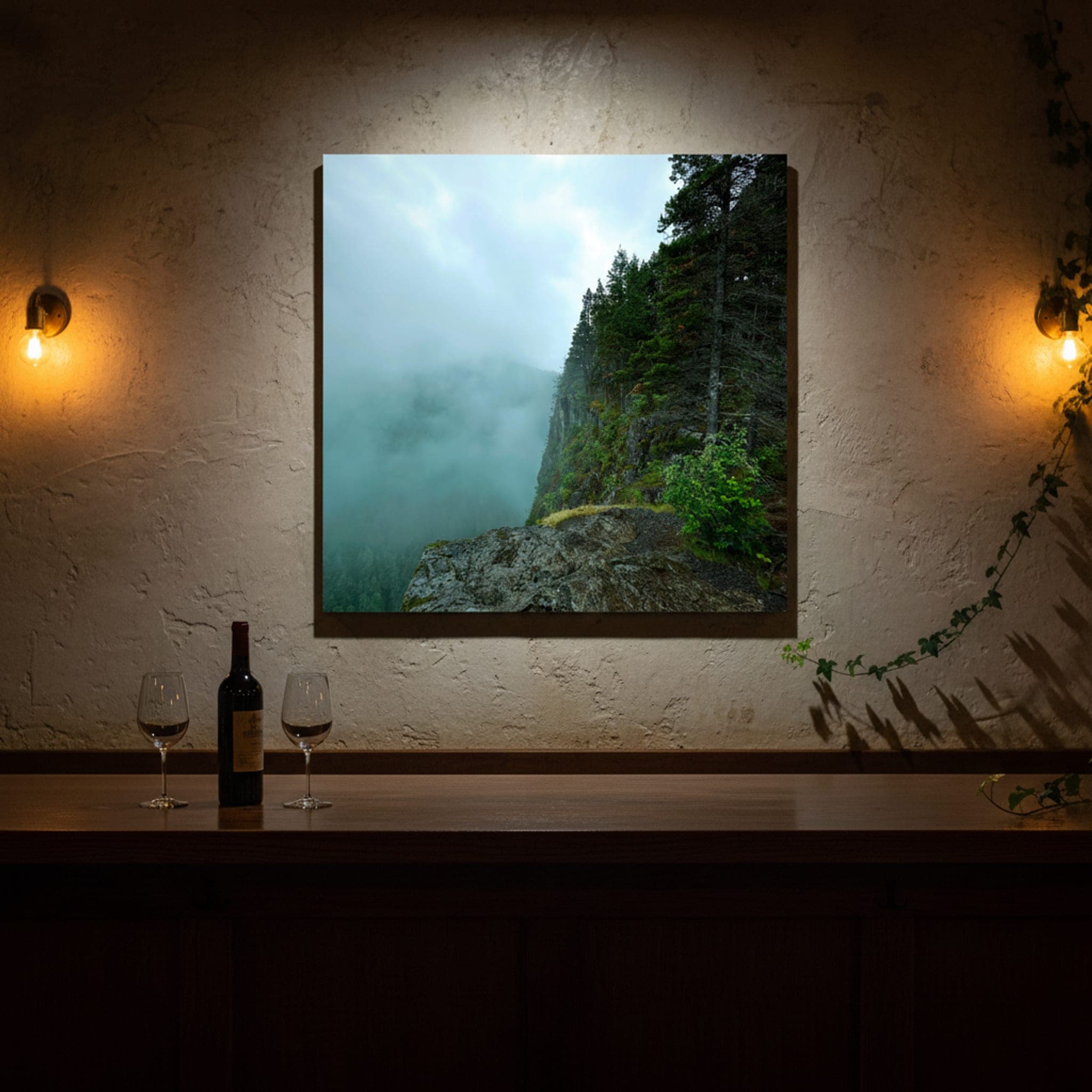 Misty Forest Precipice shown as a canvas print in a styled interior, view 1 of 3