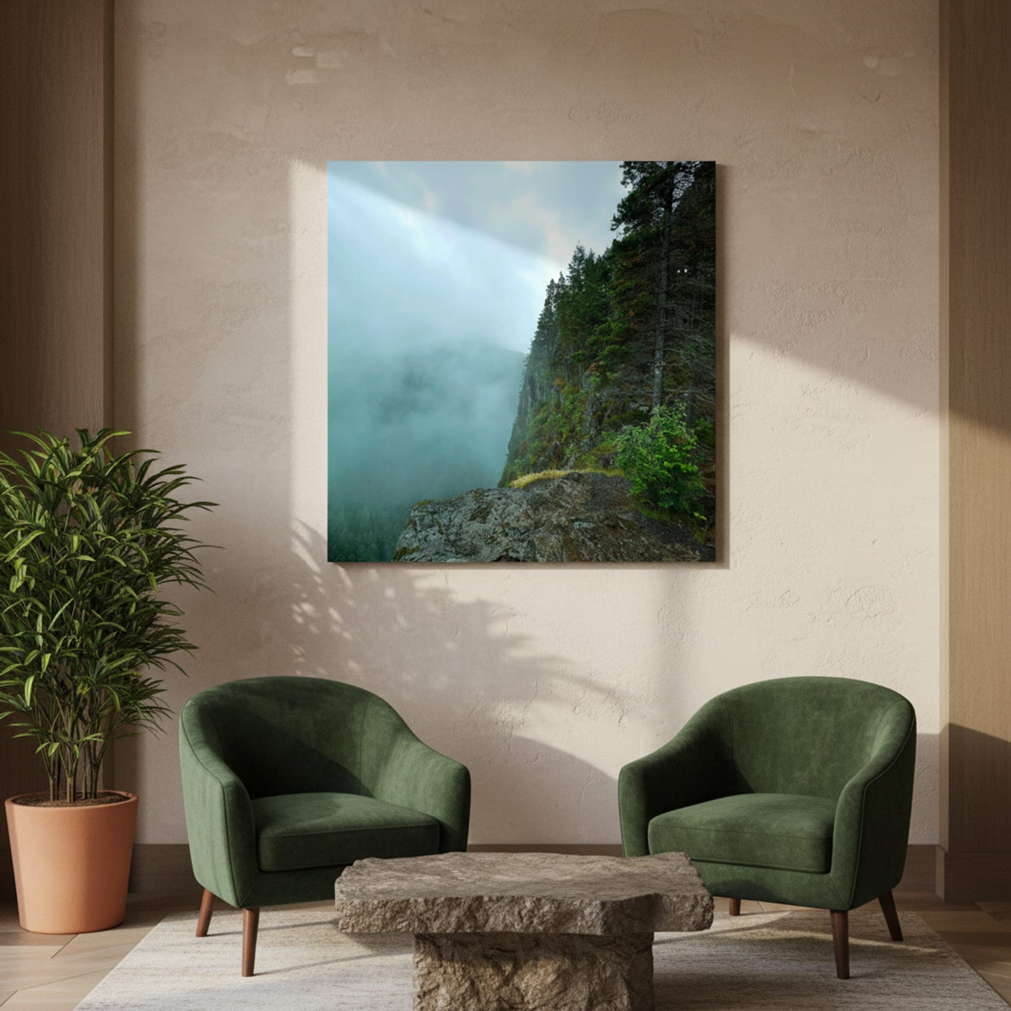 Misty Forest Precipice shown as a canvas print in a styled interior, view 3 of 3