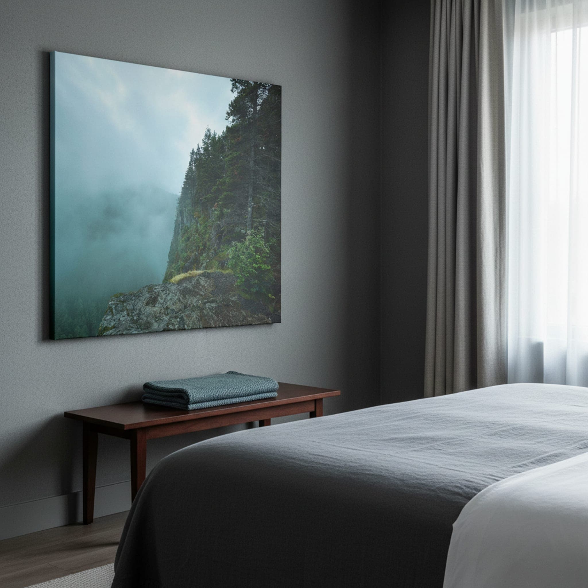 Misty Forest Precipice shown as a canvas print in a styled interior, view 2 of 3