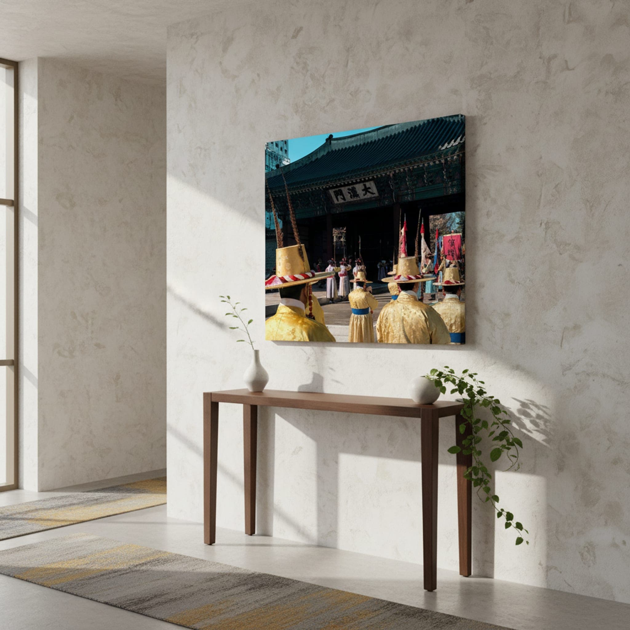 Golden Guards of Seoul shown as a canvas print in a styled interior, view 1 of 3
