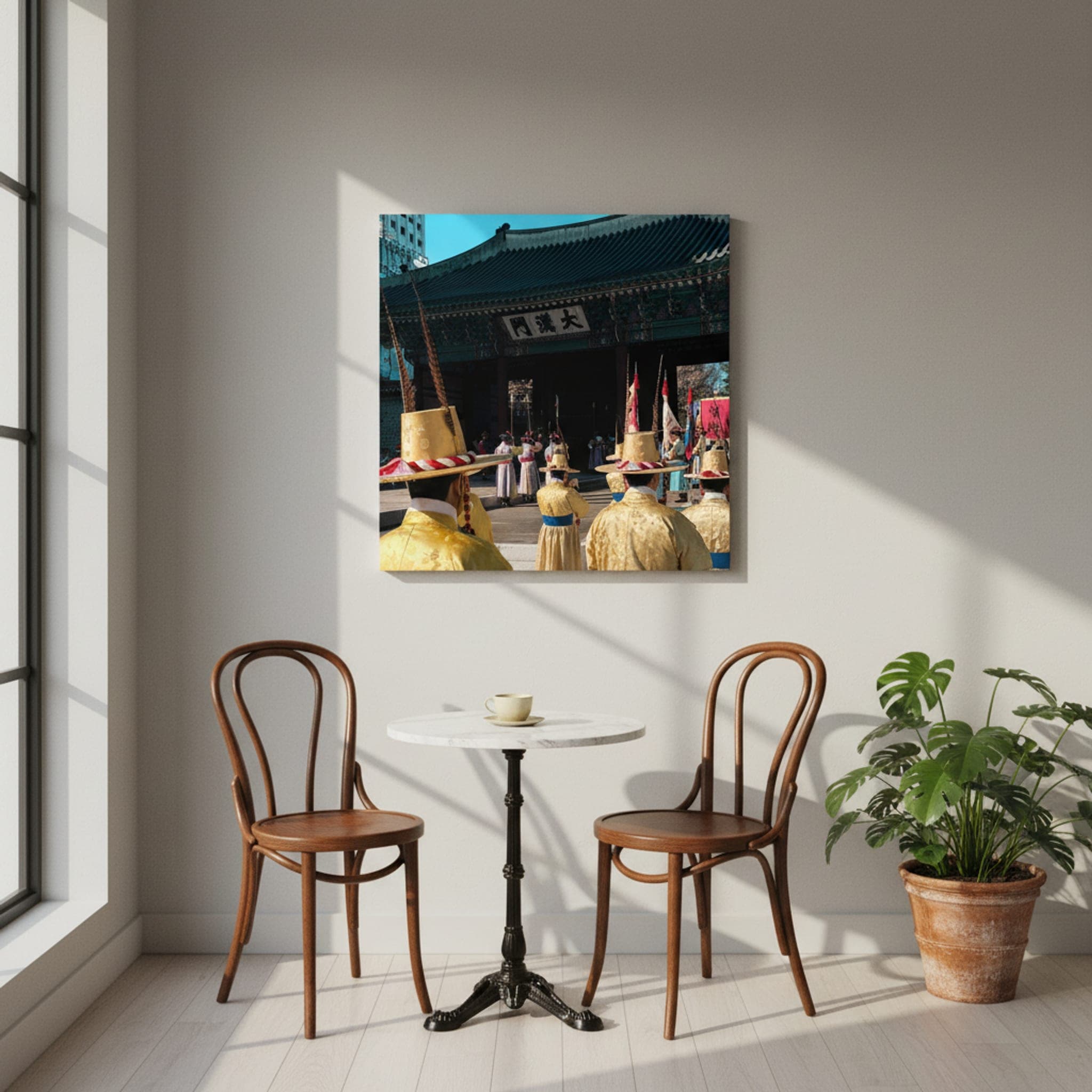 Golden Guards of Seoul shown as a canvas print in a styled interior, view 2 of 3