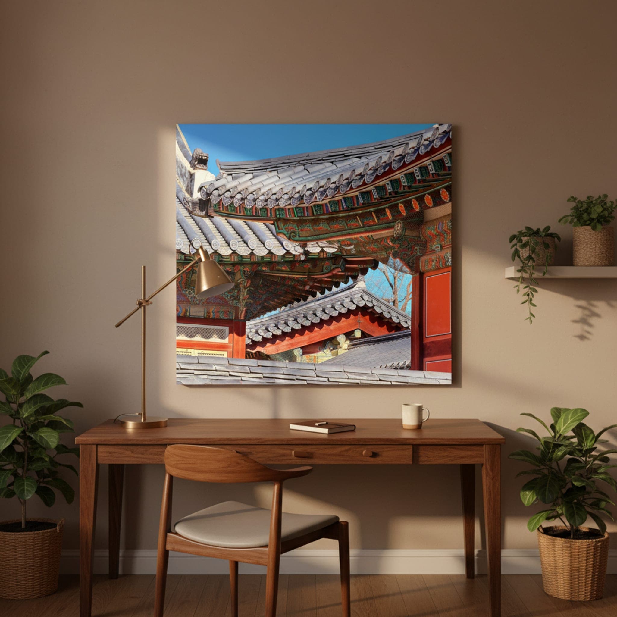 Seoul's Painted Eaves shown as a canvas print in a styled interior, view 1 of 3