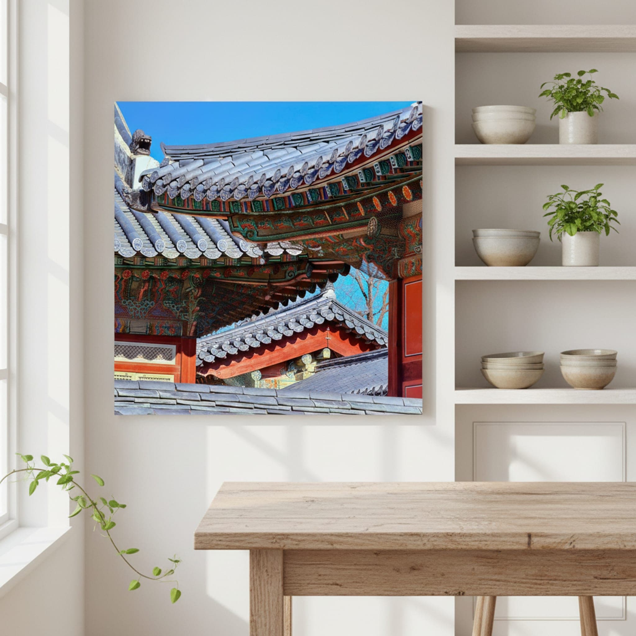 Seoul's Painted Eaves shown as a canvas print in a styled interior, view 3 of 3
