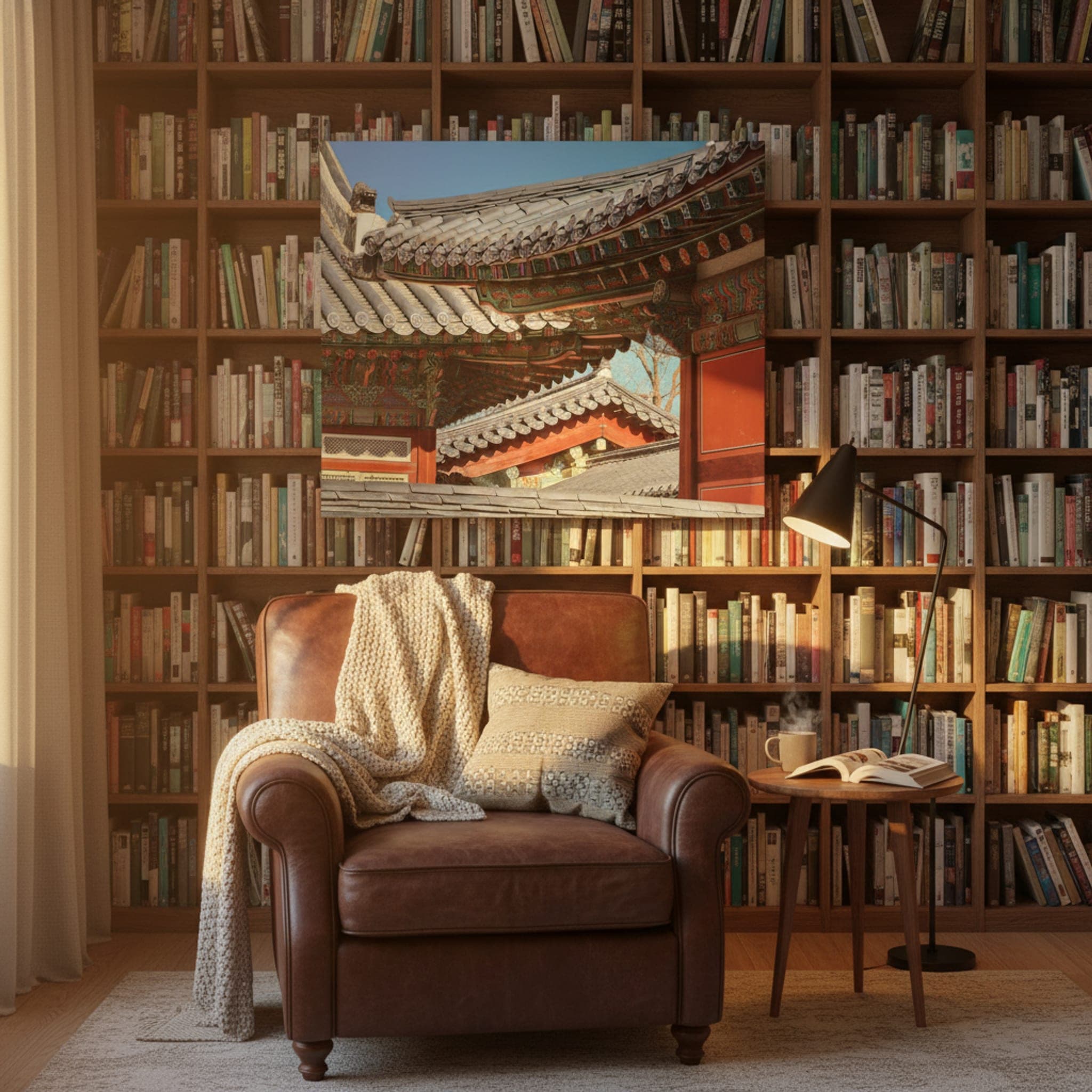 Seoul's Painted Eaves shown as a canvas print in a styled interior, view 2 of 3