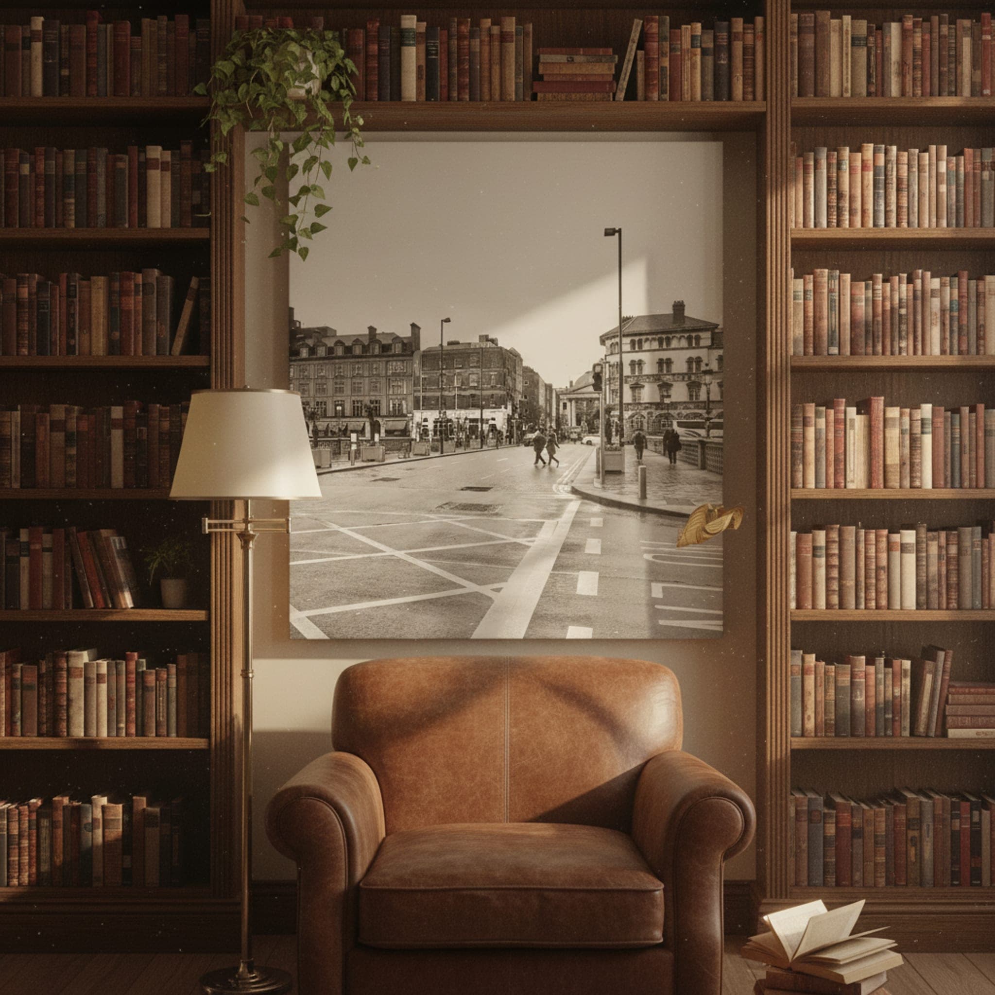 Dublin's Rainy Morning shown as a canvas print in a styled interior, view 1 of 3
