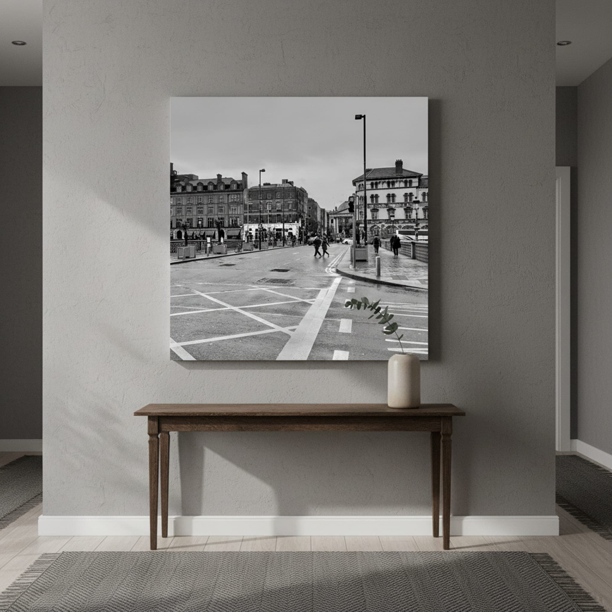 Dublin's Rainy Morning shown as a canvas print in a styled interior, view 3 of 3