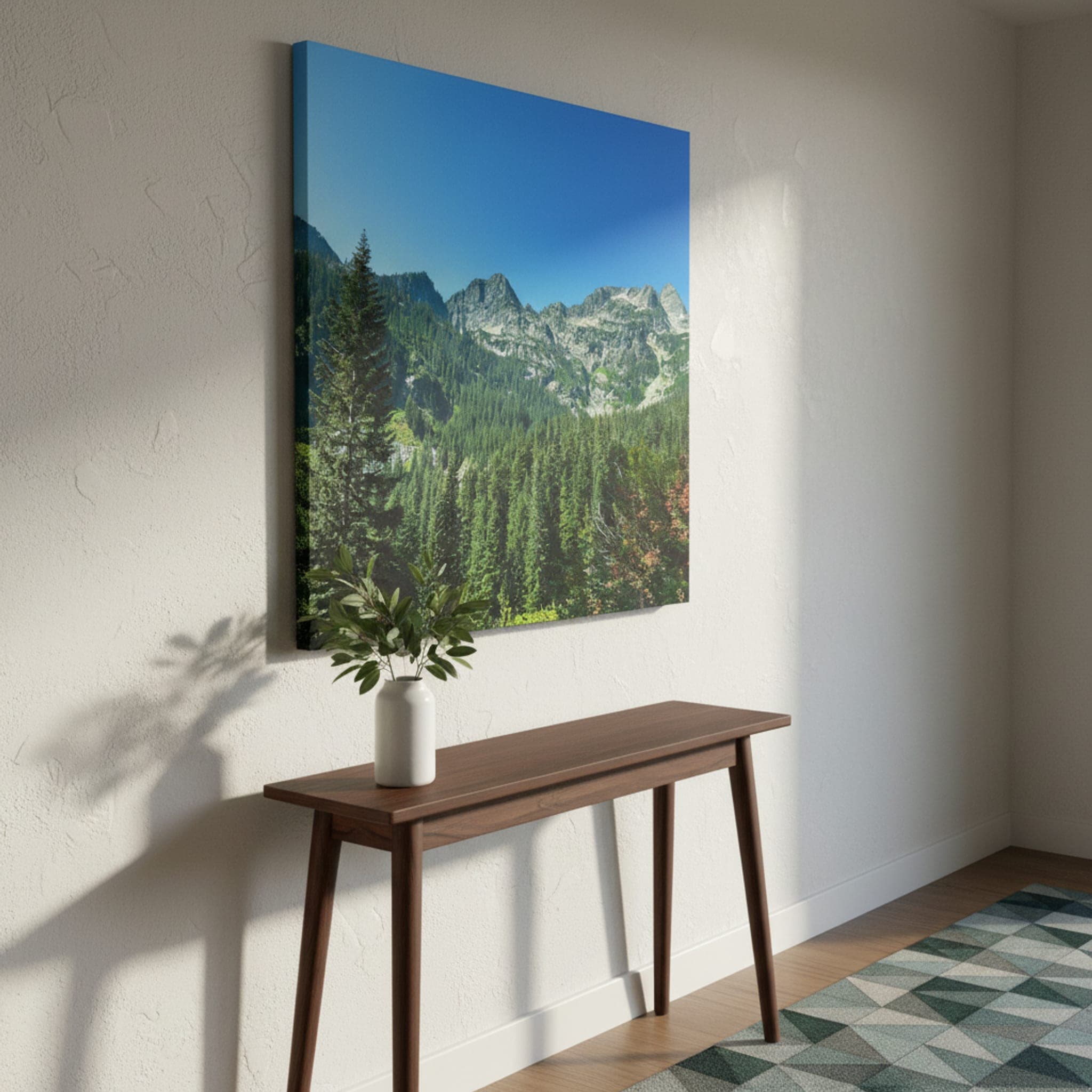 Cascade Peaks Verdant Forest shown as a canvas print in a styled interior, view 1 of 3