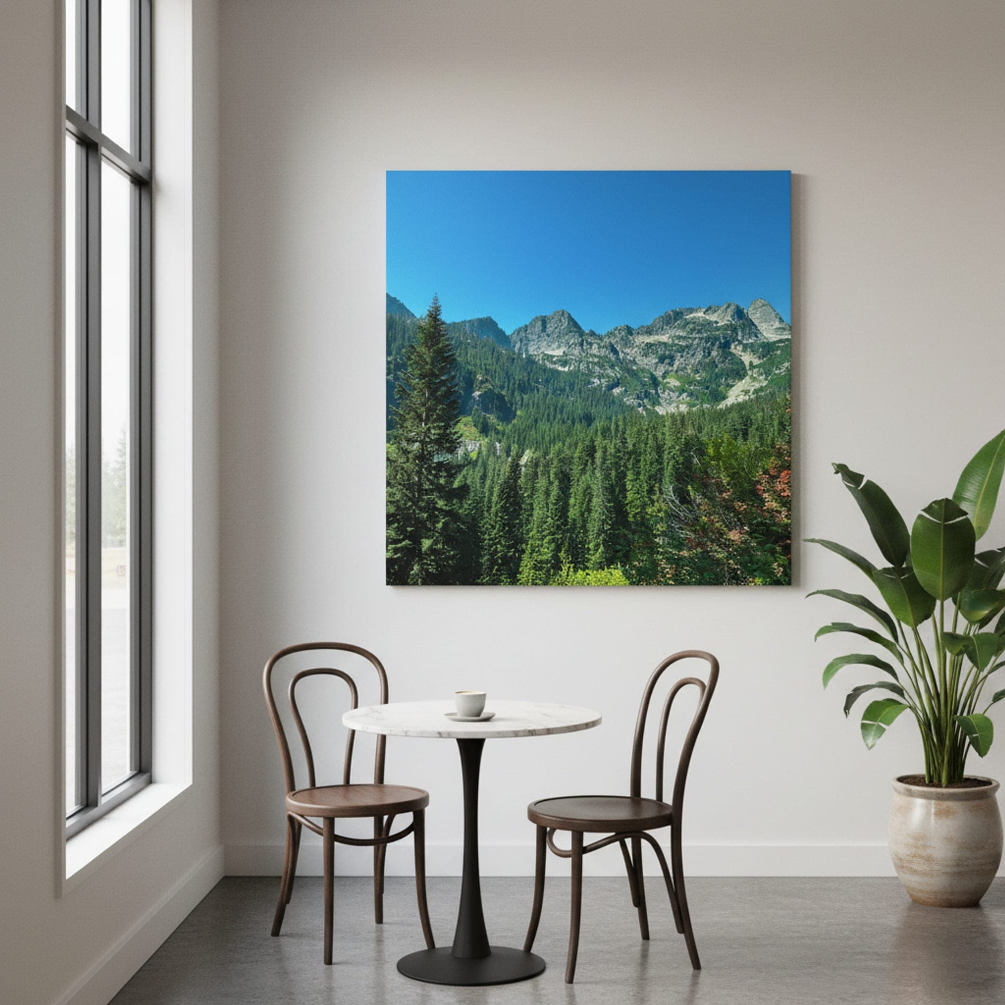 Cascade Peaks Verdant Forest shown as a canvas print in a styled interior, view 2 of 3