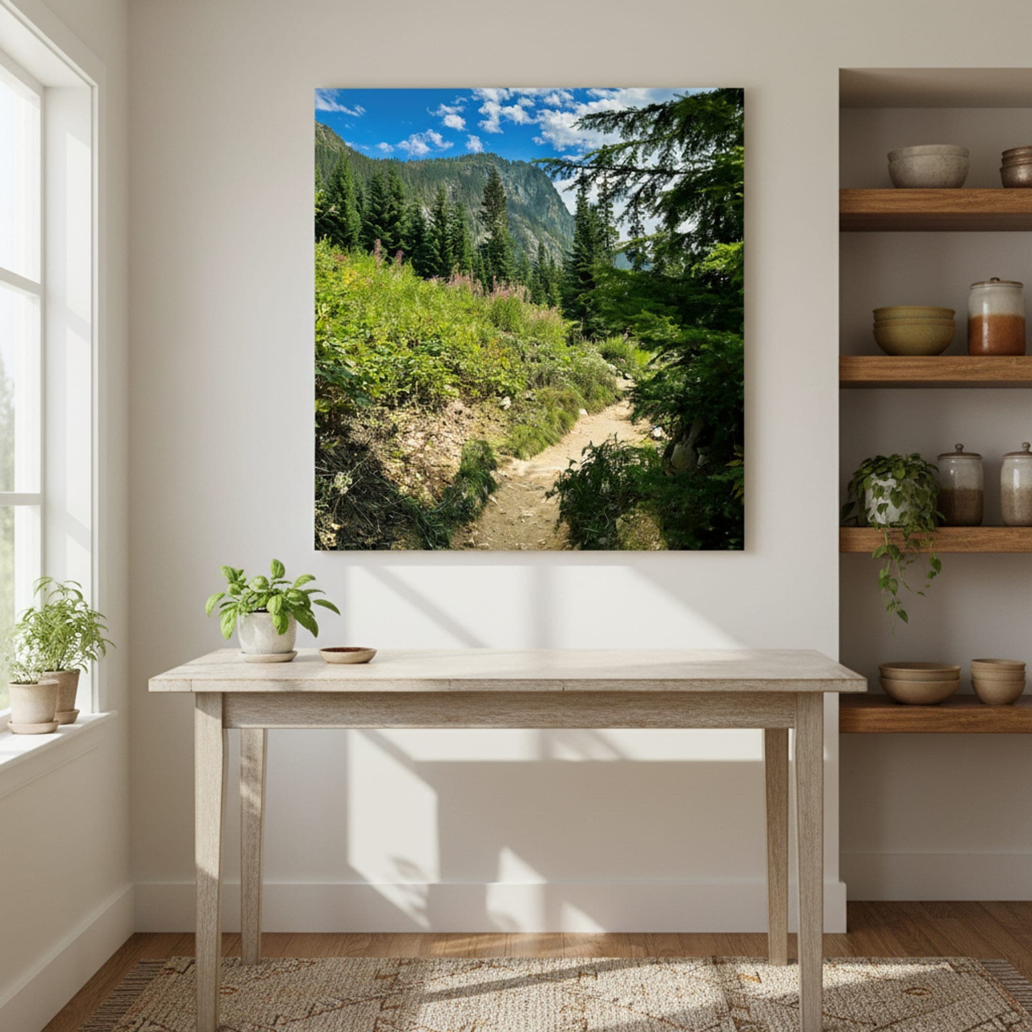 Forest Path to Peaks shown as a canvas print in a styled interior, view 1 of 3