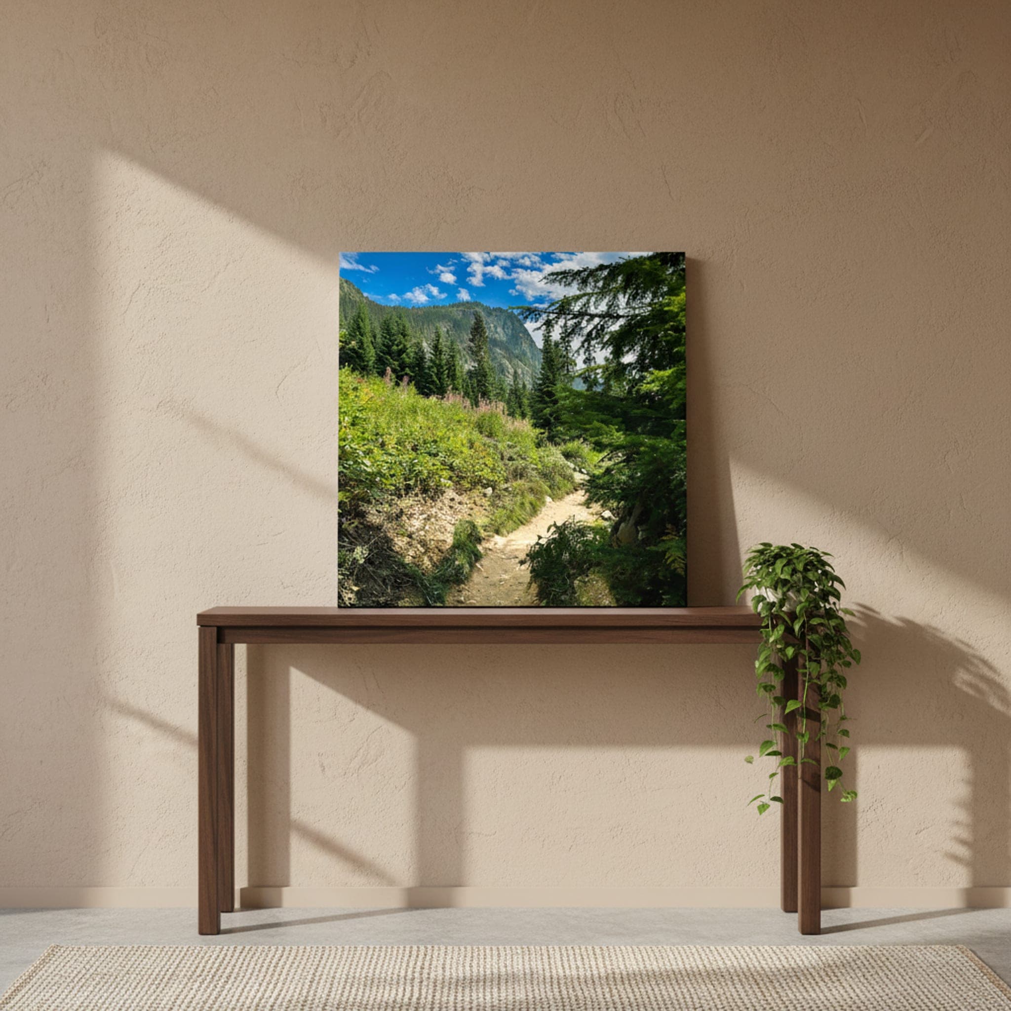 Forest Path to Peaks shown as a canvas print in a styled interior, view 2 of 3